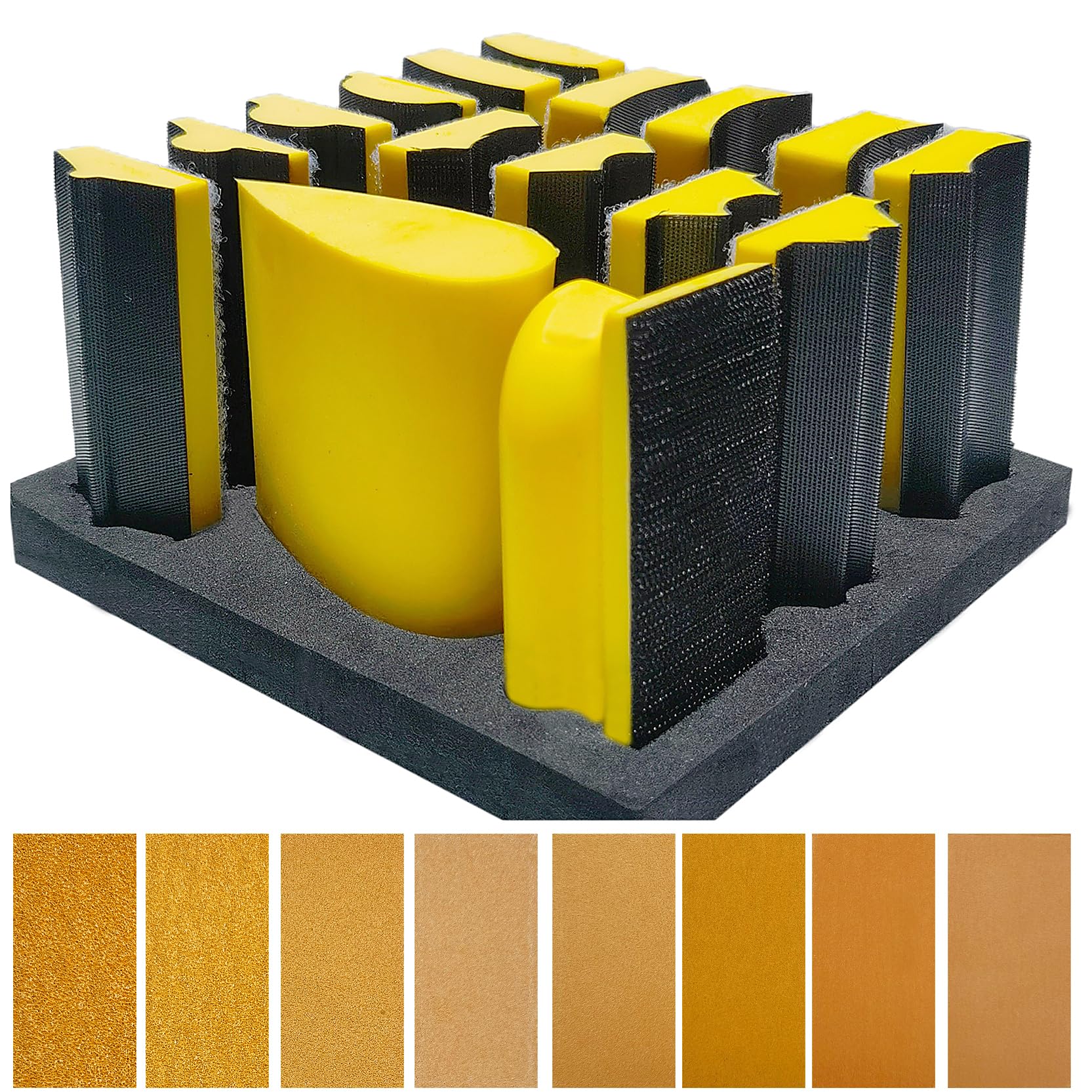 56 PCS Hand Sander Blocking Kit- 16 PCS Hand Sanding Block Set + 40 Sheet Hook & Loop Sandpaper Kit - Interchangeable Assorted Convex & Concave Shapes for Moldings, Baseboards, Woodworking