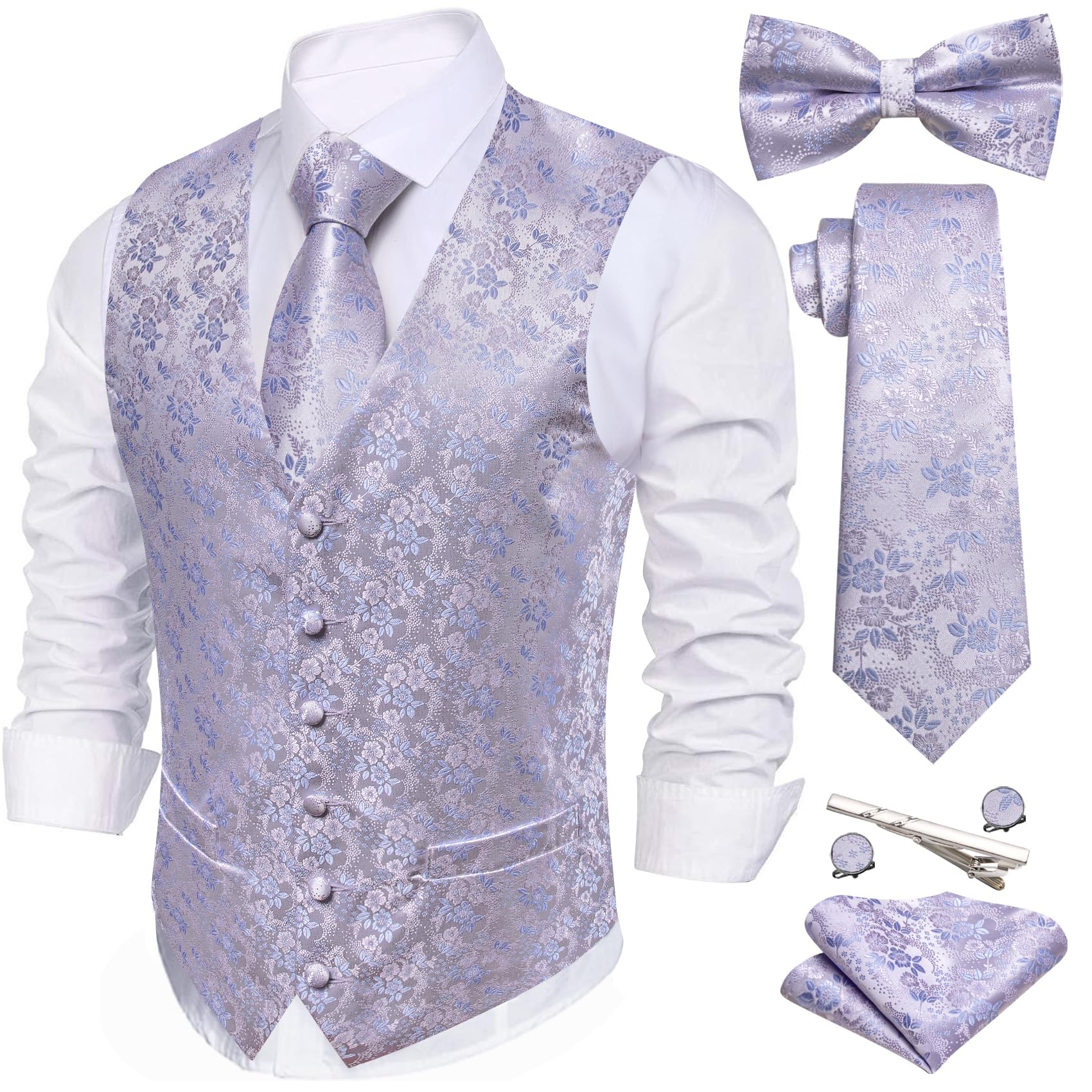 Barry.Wang Men's Suit Vest Tie Bowtie Hanky Cufflinks Clip Brooch 7PCS