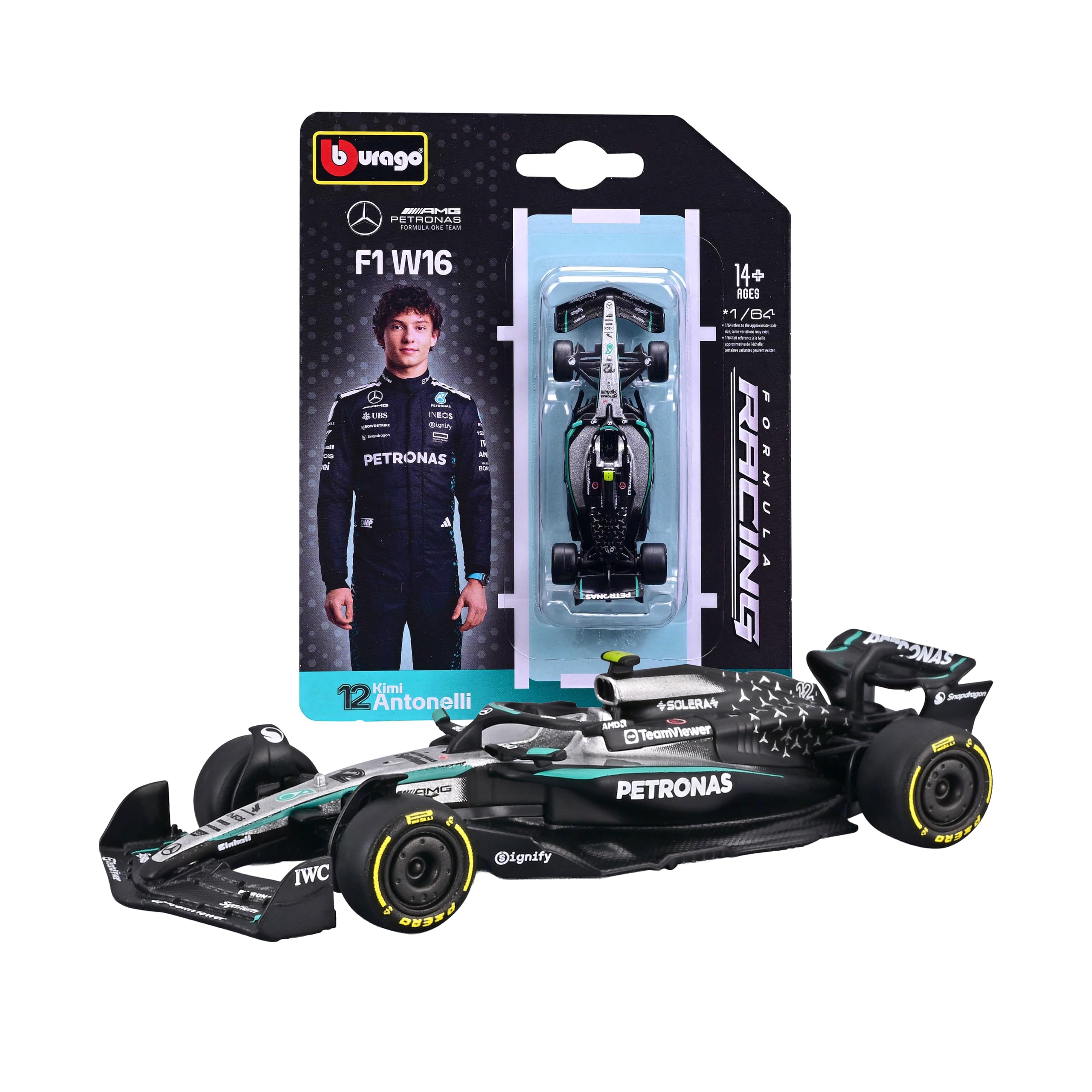 Bburago 1:64 Scale Race Formula Mercedes W16 (2025) Diecast Vehicle, Antonelli