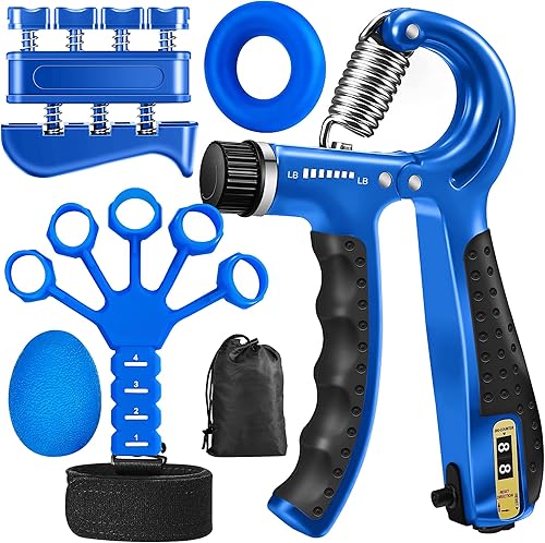 Grip Strength Trainer Kit (5 Pack) Adjustable Resistance Hand Gripper,Finger Exerciser,Hand Extension Exerciser,Stress Relief Ball and Forearm Azul