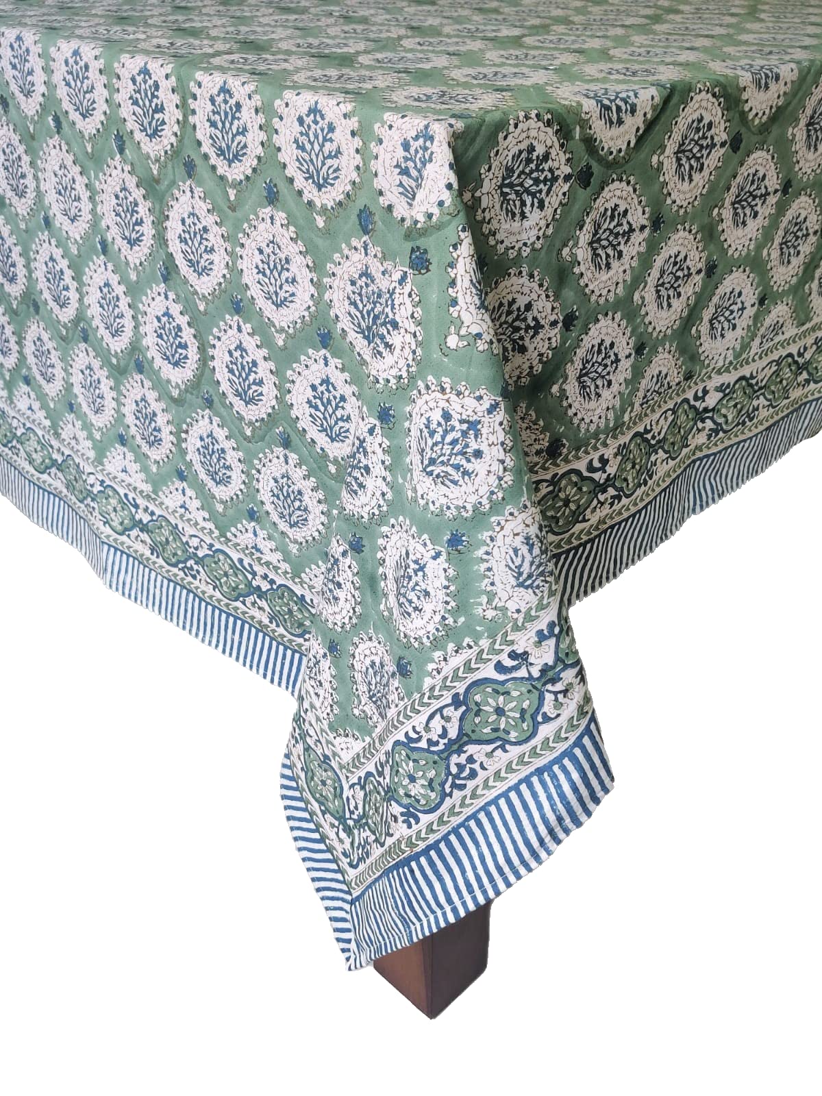 ATOSII Kari Green 100% Cotton Rectangle Boho Summer Tablecloth, Block Print Floral Table Cloth Linen for Dining, Parties, Wedding, Outdoors Home Decor 60 X 108 Inches I 8 Seater I