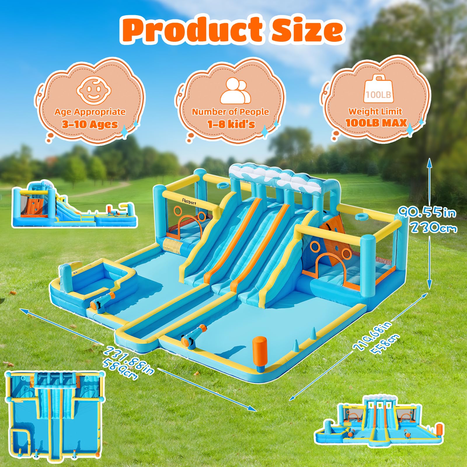 FBSPORT Hüpfburg & Wasserrutsche, 10-in-1 Wasserpark mit 3 Gleiten, 2 Sprungzonen & Kletterwand, 950W Gebläse, Gartenanlage mit Wasserwaffe, Planschbecken & Spielzubehör
