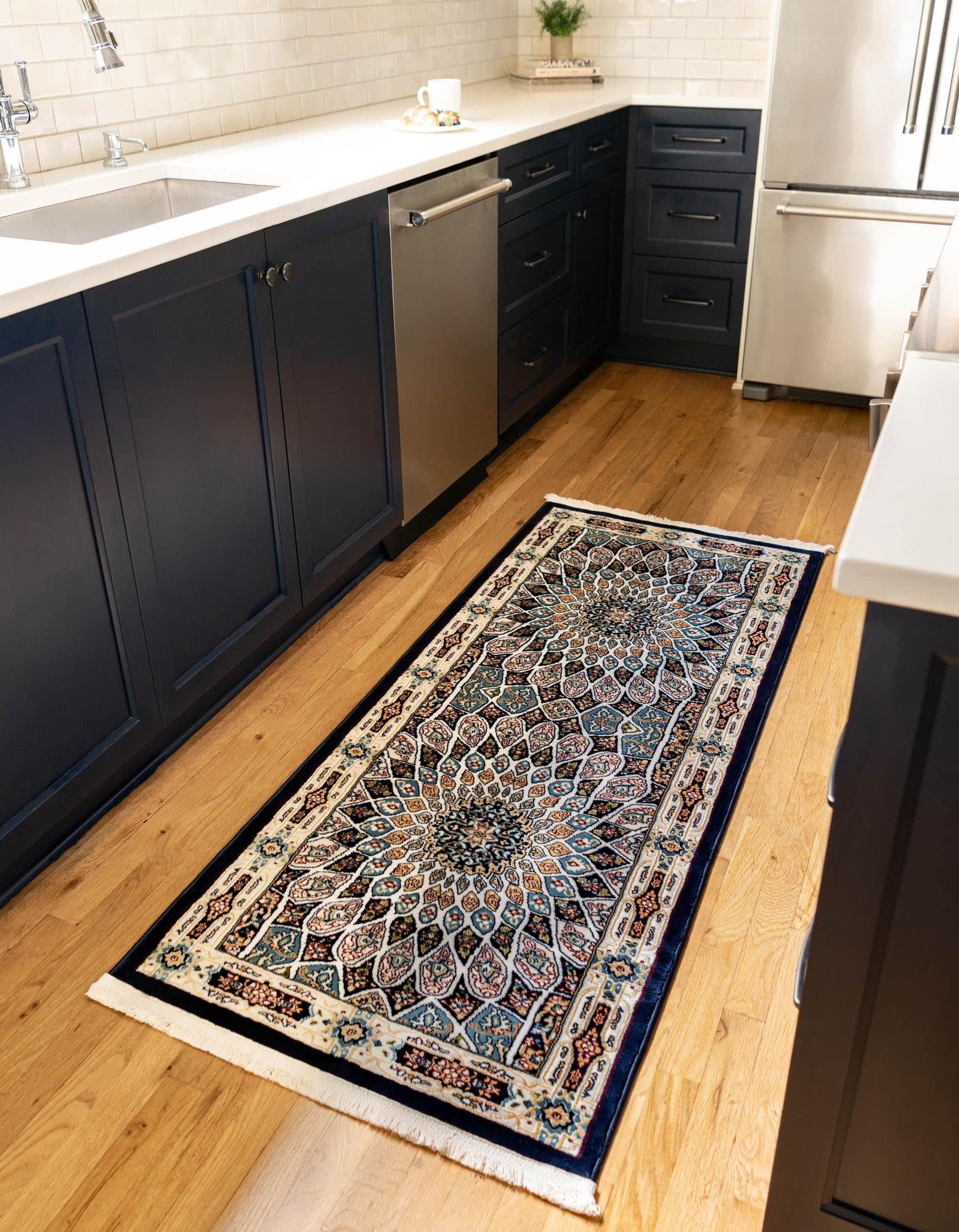 Rugs.com Rabia Collection Rug – 2' 7 x 10' Runner Navy Blue Low Rug Perfect for Hallways, Entryways