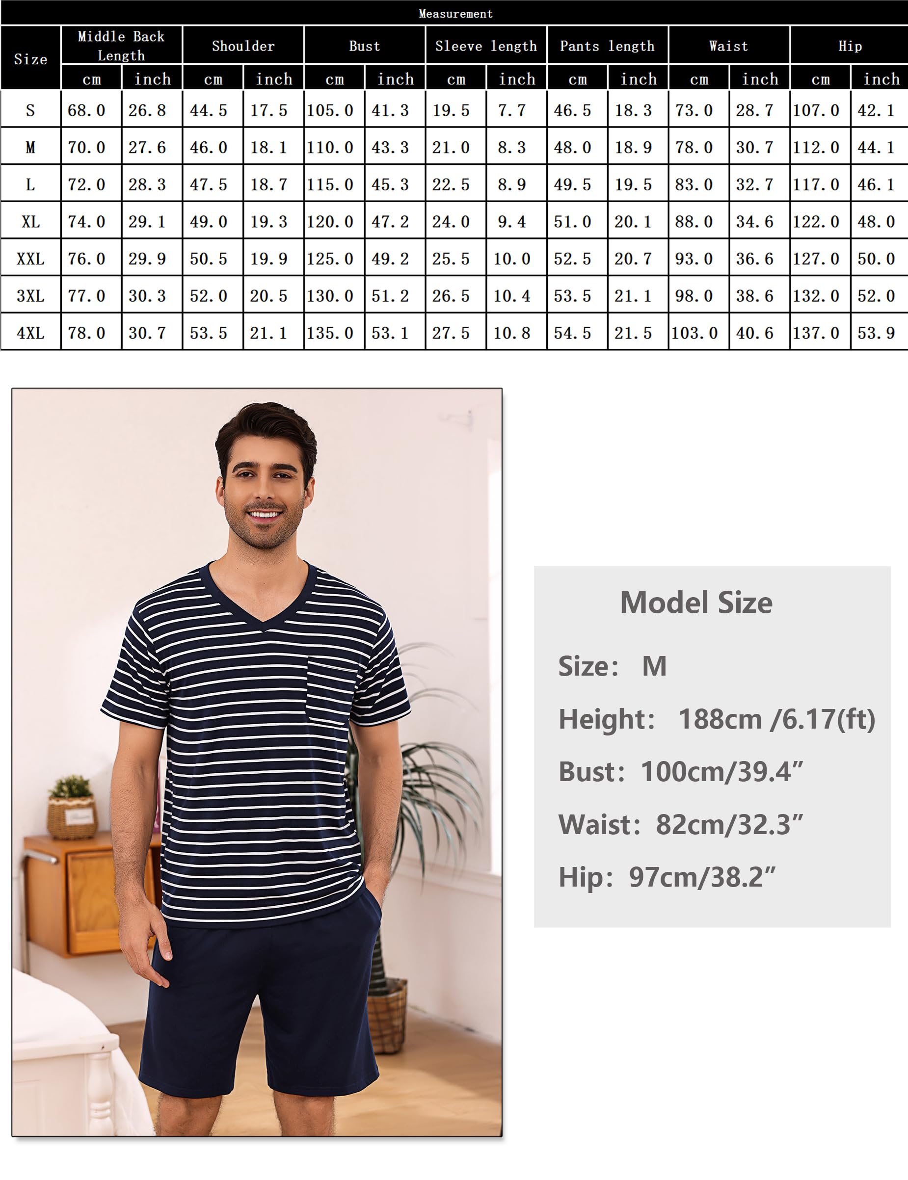 Litherday Schlafanzug Herren Kurz Pyjama Baumwolle Sommer Pyjama Set Kurzarm Zweiteiliger Nachtwäsche Männer Gestreift