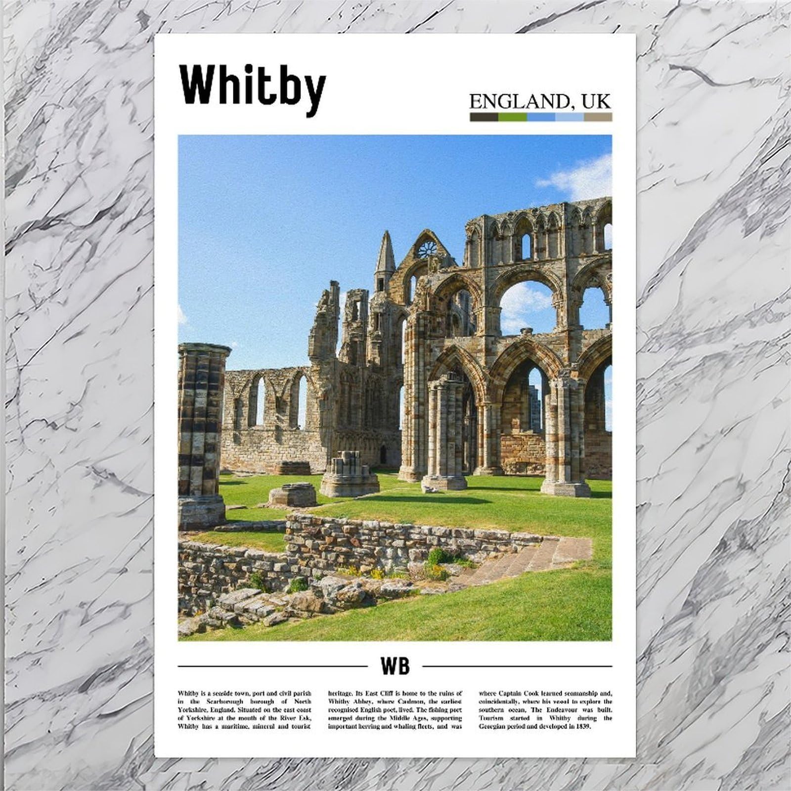 F I N U C B Whitby North Yorkshire Anglia Wielka Brytania płótno sztuka ścienna do salonu dekoracja ścienna nowoczesne wydruki miasta plakat grafika do domu biura bez ramki 60 x 90 cm