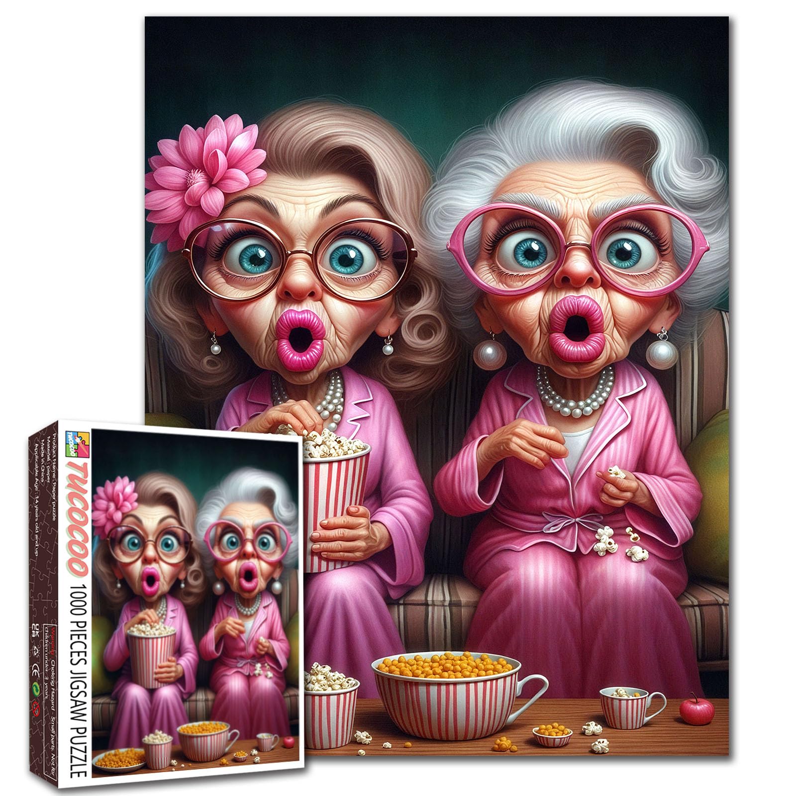 Movie Night Grandma Jigsaw Puzzle – Old Ladies 1000 Piece Funny Puzzle for Adults Family Senior, Cute Elderly Woman Friends Puzzles 27x20 Inches Home Decoration Gift DIY Craft Challenging Games