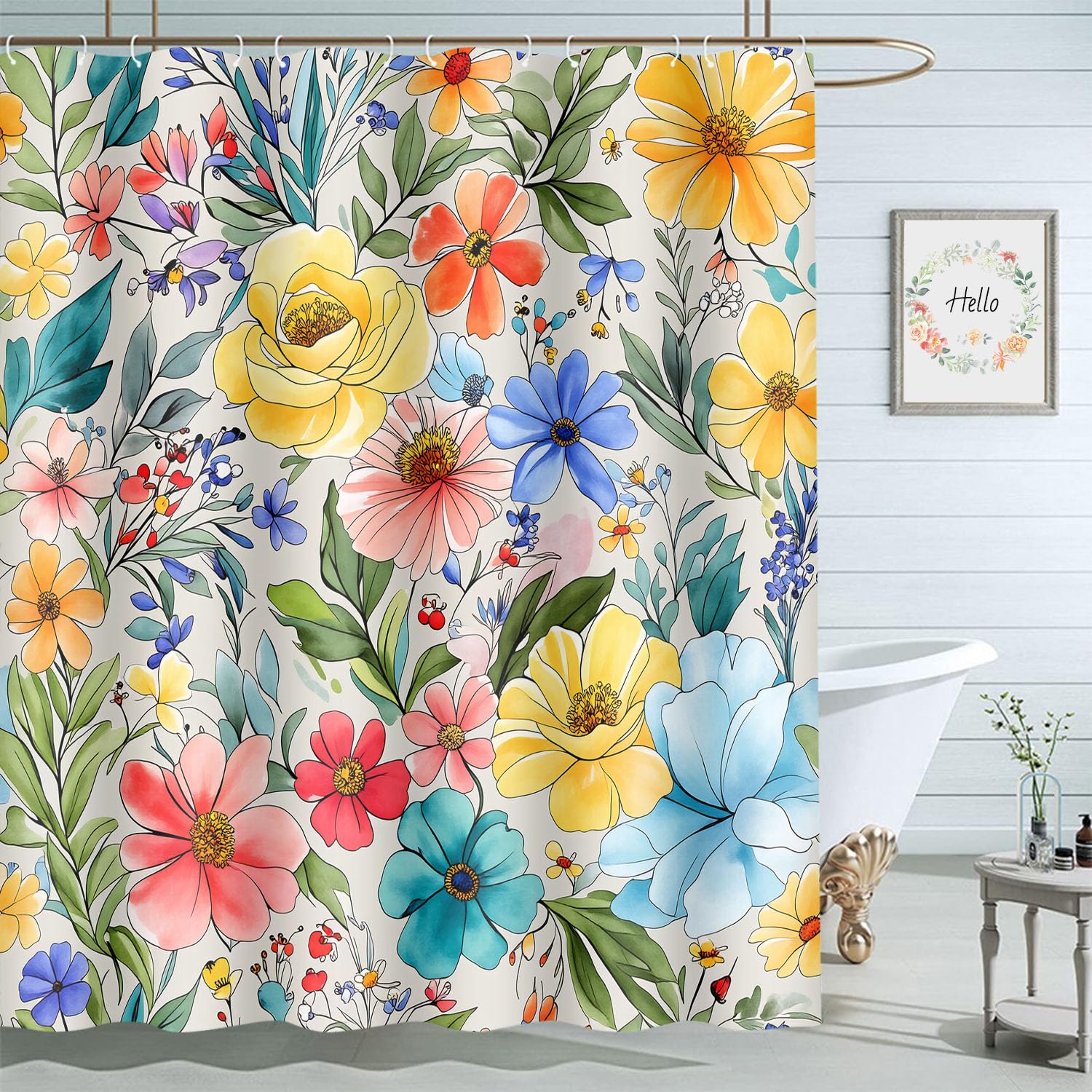 Moslion Floral Bath Shower Curtain Set Garden Bouquet Rose Lily Sunflowers Leaves Botanical Plant Shower Curtains Home Decorative Extra Long Polyester
