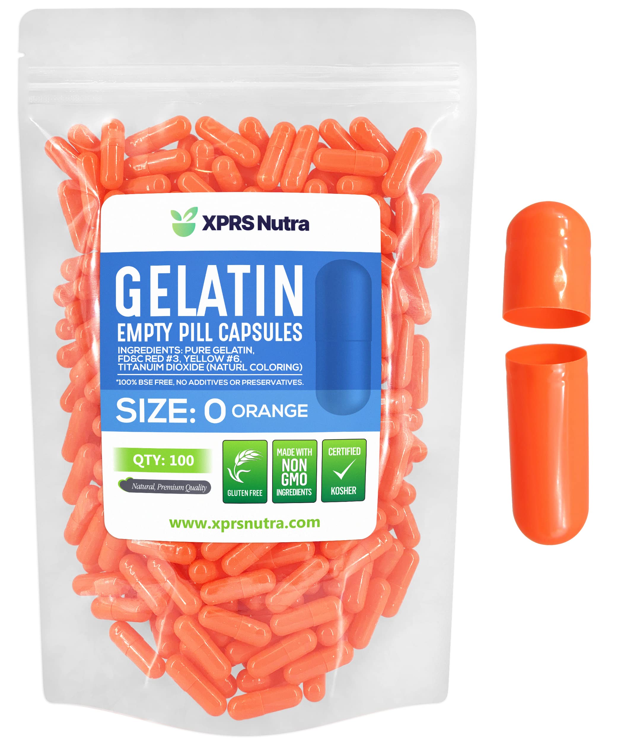XPRS Nutra Size 0 Empty Capsules - 100 Count Empty Gelatin Capsules - Pills for DIY Capsule Filling - Pure Bovine Pill Gel Caps for Do-It-Yourself Supplements (Orange) 100 Count (Pack of 1) Orange