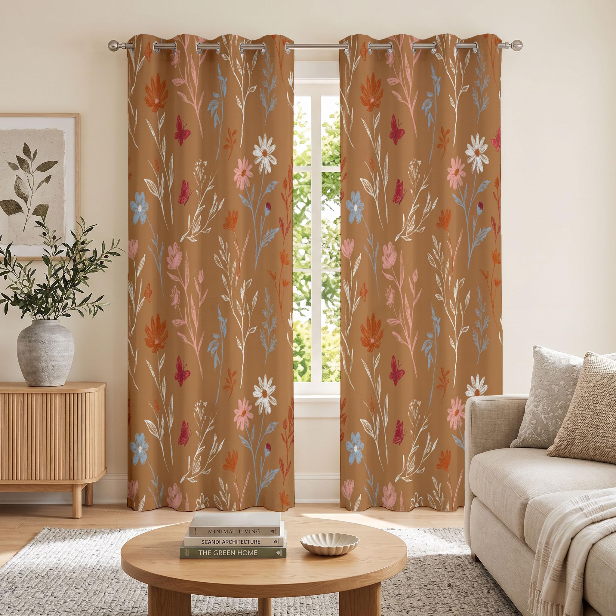 Cortinas Opacas Térmicas Decorativas Estampado Floral Bohemio Retro | Plantas Pintadas Mano Rústico 2 Piezas 140Anx240Al Cm, Cortinas De Privacidad Para Ventanas De Sala De Estar, Marrón Caramelo