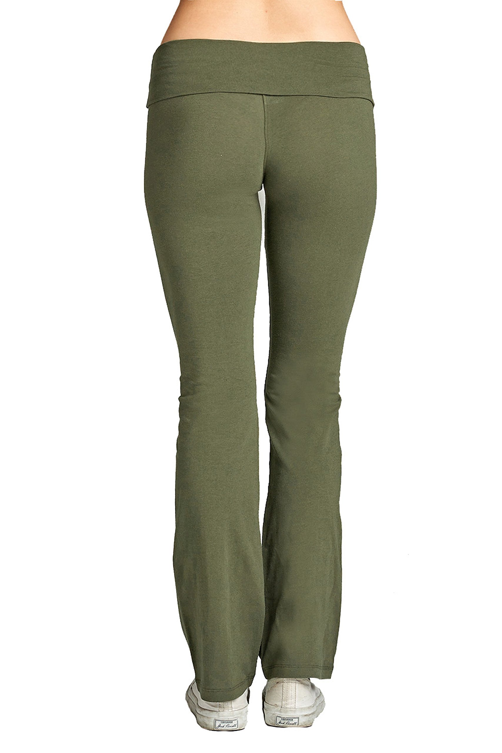 Hollywood Star Fashion Women's Solid Foldover Solid Bootleg Flare Yoga Pants (Small, Olive)