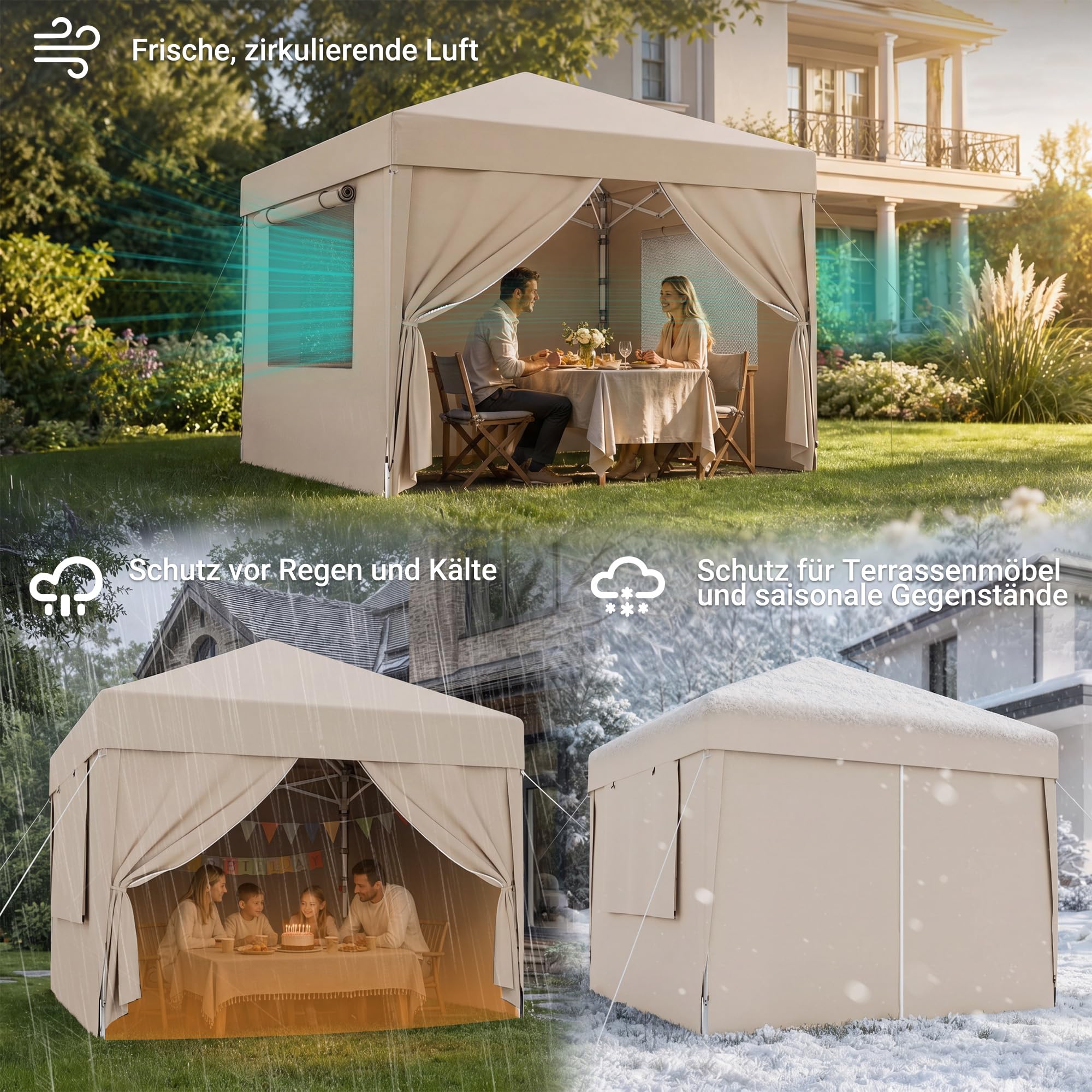 JUMMICO 3x3m Faltpavillon mit Insektenschutz & Belüftung｜Rollos + Lüftungsfenster｜1-Minuten Schnellaufbau｜10cm höhere Dachfläche,Beige