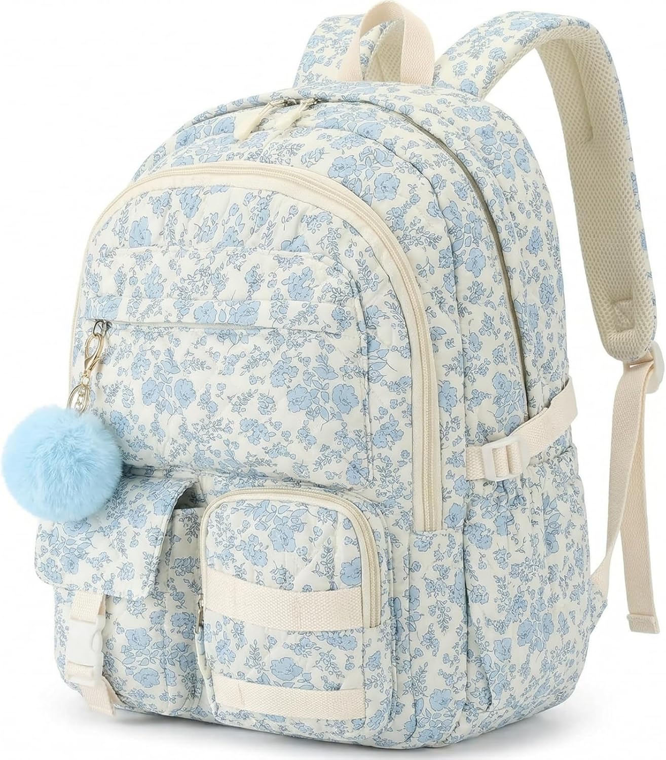 13.8 Inch Flower School Backpack for Teen Girls Laptop Cute Blue Floral College Backpacks Work Bag Elementary Middle Bookbag Travel Daypack Women