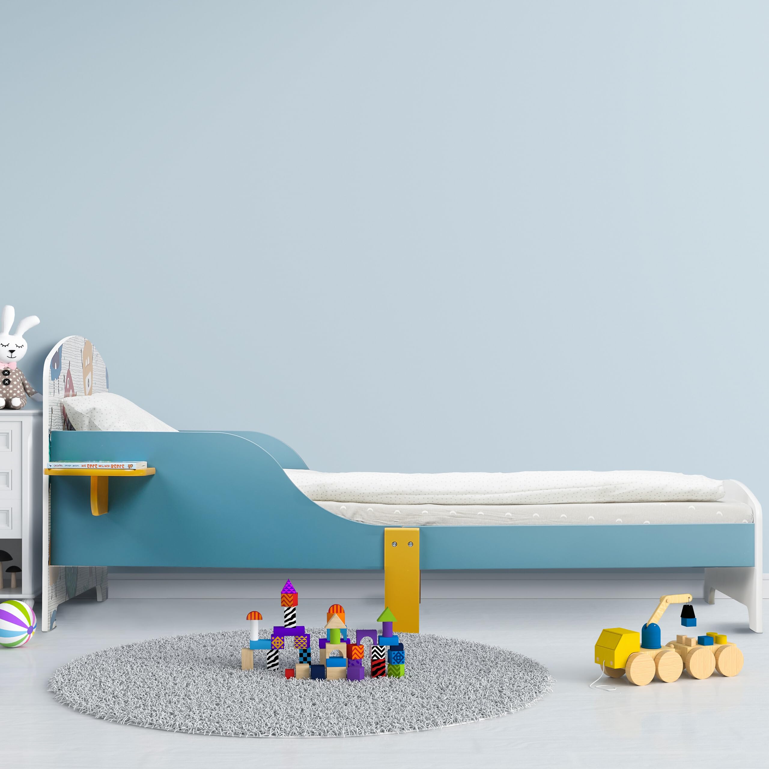 Relaxdays Letto per Bambini, Sponde Anticaduta, Rete a Doghe Rigide con Motivo Mostri, HLP 60 x 94 x 143 cm, Bianco Blu