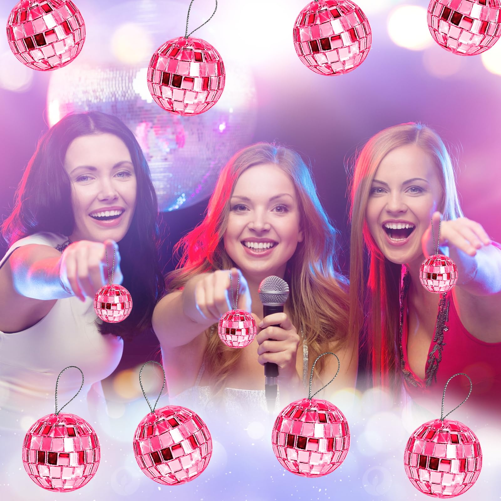 Morofme Palla da discoteca, 24 pezzi, rosa, da appendere, a specchio, con corda, per DJ club, Natale, San Valentino, albero di nozze