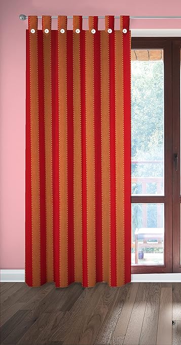 HOMEFLY Red with Yellow Color Cotton Fabric Door Curtain - Pack of 1 Piece (8 Feet, Stripes, Loop)