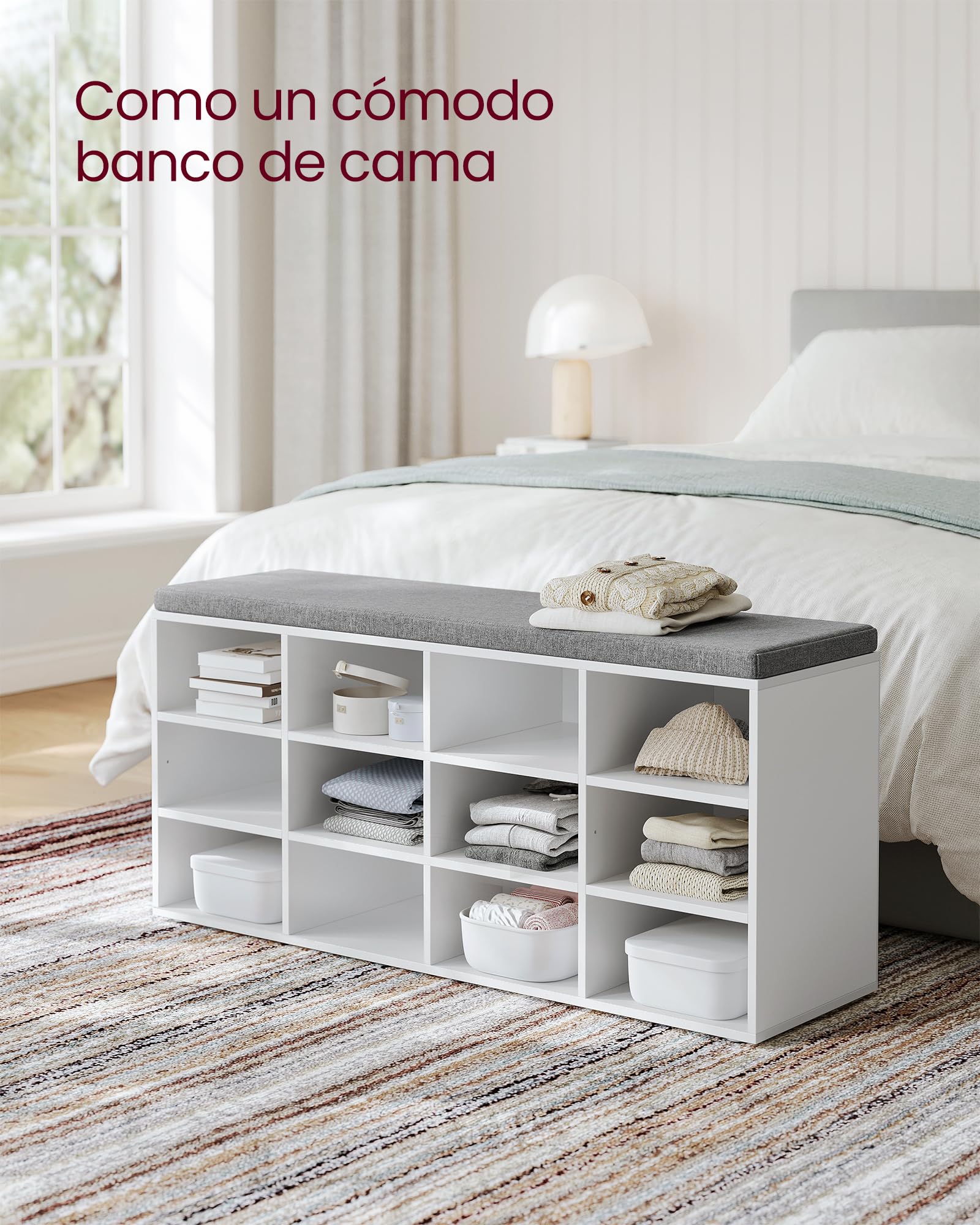 VASAGLE Banco Zapatero, Mueble Zapatero, Banco Recibidor con 12 Compartimentos y Asiento Acolchado, 30,3 x 104 x 48 cm, Entrada, Dormitorio, Sala de Estar, Blanco y Gris LHS012W14