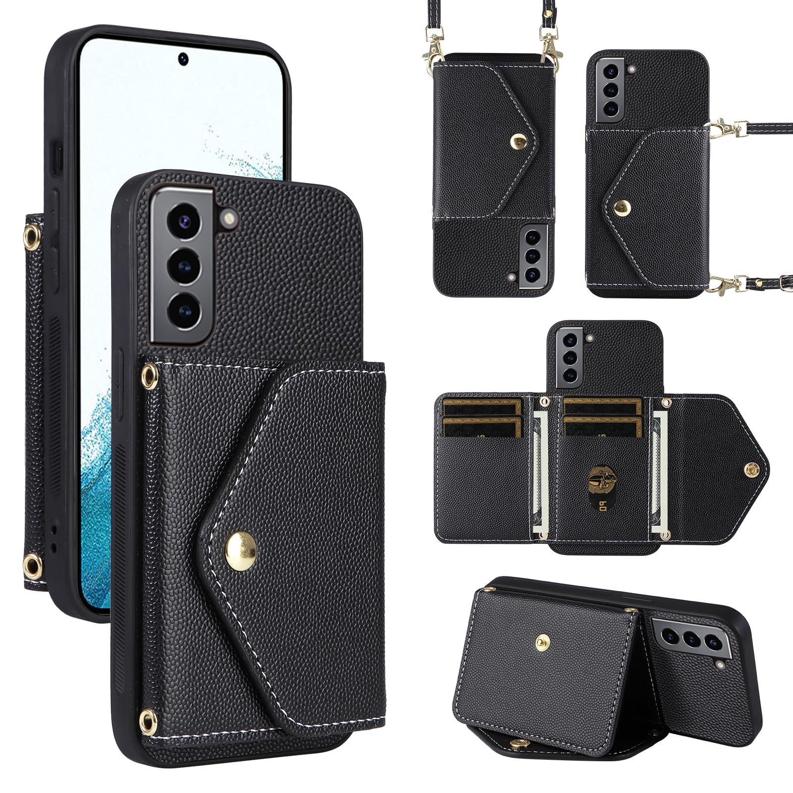 Dibosom Minimalist Wallet Case for Samsung Galaxy S21 Plus S21+ 5G with Shoulder Strap,6 Card Slots Thin Slim Flip Purse,Credit Card Holder Stand