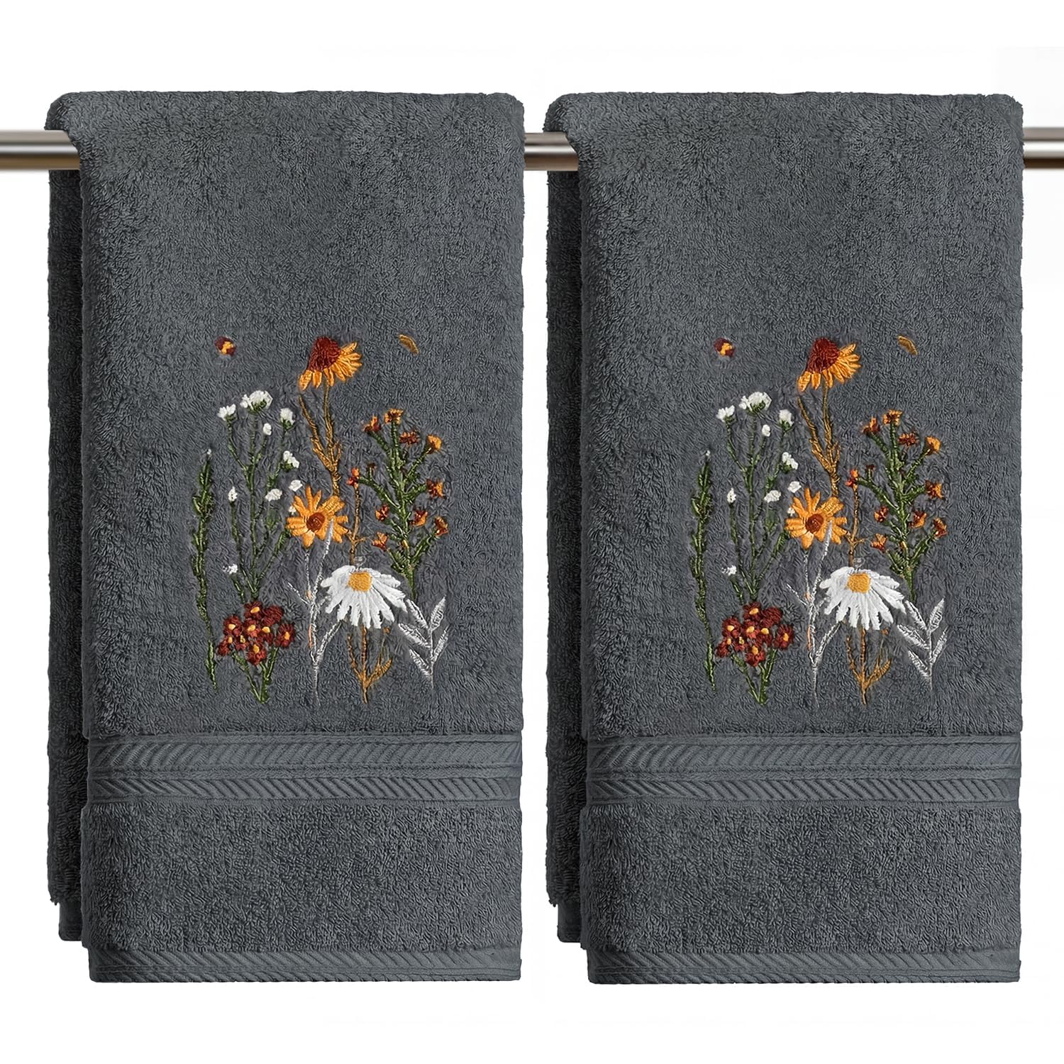 Artoid Mode Grey Floral Daisy Cotton Hand Towels 35 x 75 cm Set of 2