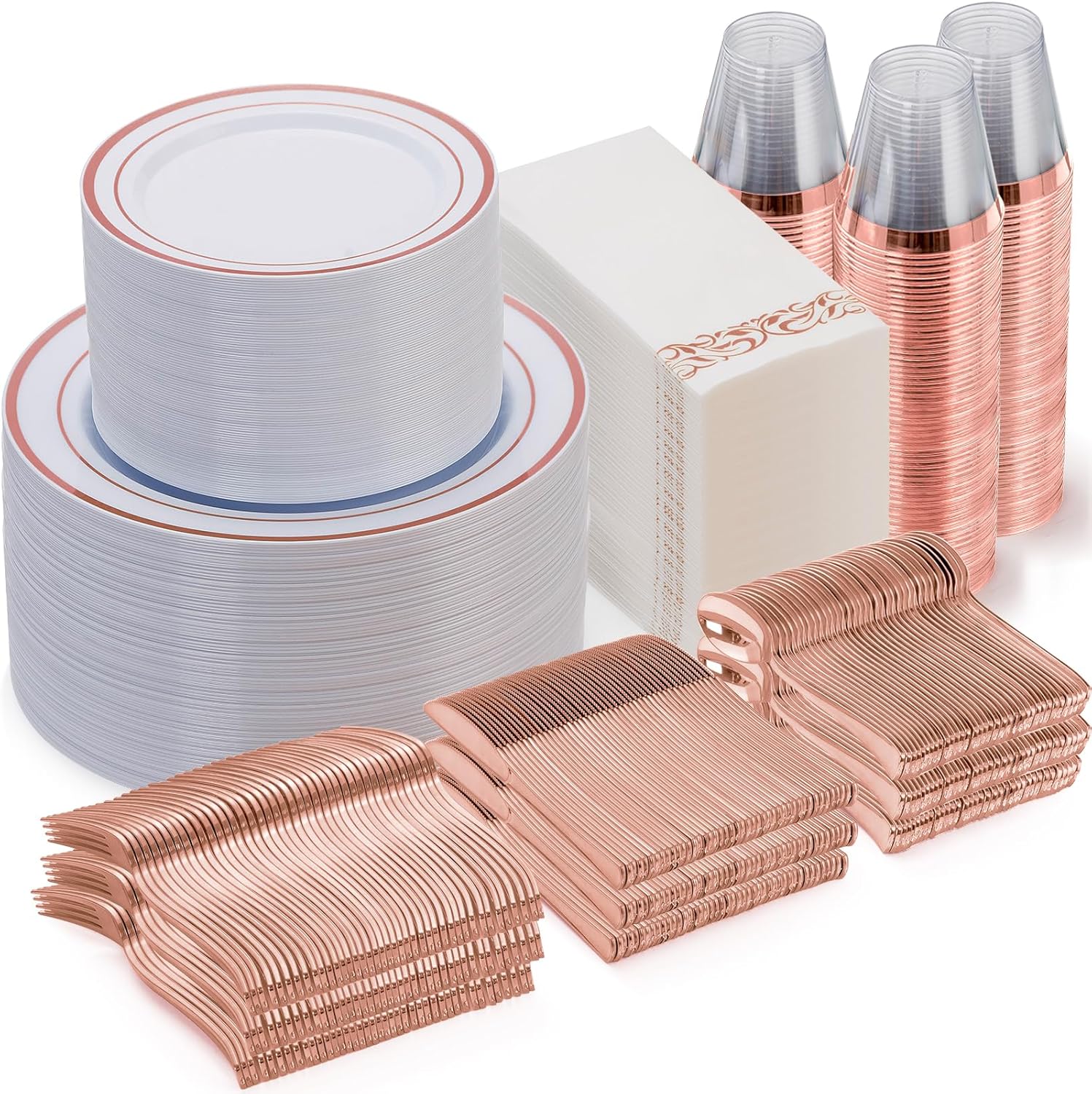 Goodluck 700 Piece Rose Gold Dinnerware Set for 100 Guests, Plastic Plates Disposable for Party, Include: 100 Dinner Plates, 100 Dessert Plates, 100 Paper Napkins, 100 Cups, 100 Silverware Set Rose Gold 100 Guests