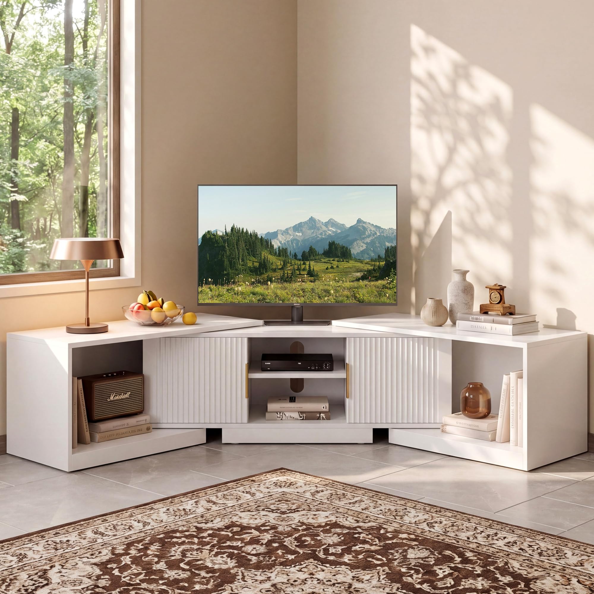 IRONCK TV Schrank Ausziehbar 160–200cm, Lowboard für Fernseher 30-75 Zoll, Drehbar Eck Fernsehschrank Holz, 2 Türen und verstellbaren Stauraum, Modern TV Board Fernsehtisch für Wohnzimmer, Weiß