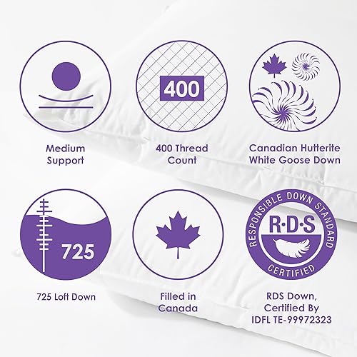 Miniatura 6 de Canadian Down & Feather Co. - Paquete de 2 almohadas de plumón de ganso hutterita de soporte mediano tamaño estándar, carcasa de 400 hilos, 100%