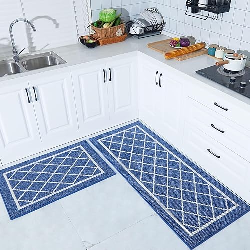 Miniatura 6 de BEQHAUSE - Juego de 2 tapetes de cocina lavables, antideslizantes, juego de 2 tapetes de cocina absorbentes, color azul marino con respaldo de