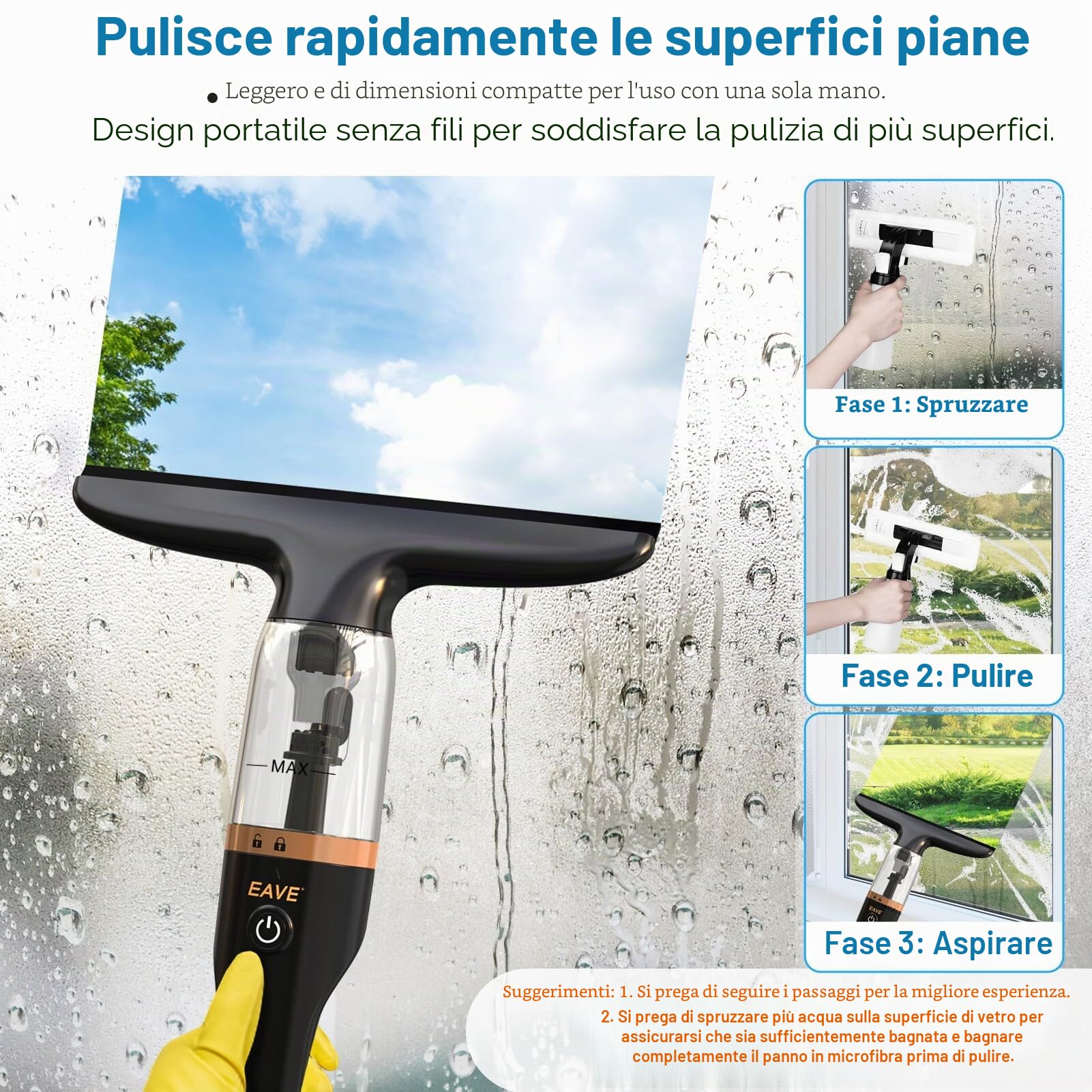 Aspiratore, Aspirapolvere per finestre, Lavavetri elettrico Aspiragocce a batteria ricaricabile, kit di pulizia elettrico per finestre con serbatoio d'acqua da 60 ml con flacone spray