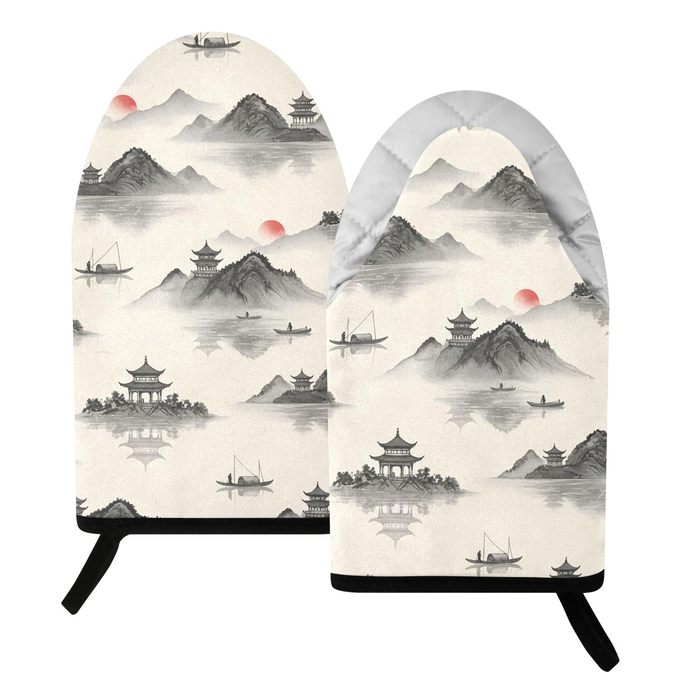 Kutsu Pavilion Oven Mitts for Kitchen, Heat Resistant Cotton Oven Gloves for BBQ Baking Cooking, Breathable Kitchen Essentials, 2 pcs