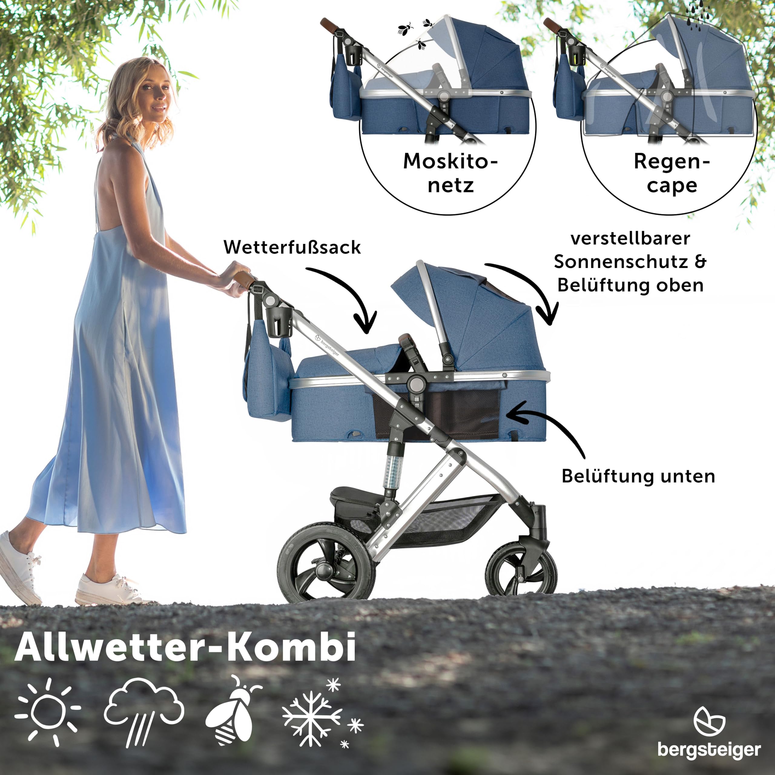 Bergsteiger Nizza Kombikinderwagen 3-in-1 Isofix Station Babyschale | Komplettset mit Aluminiumgestell Schwenkrädern verstellbarem Griff Babywanne Buggysitz Wickeltasche und Regenschutz
