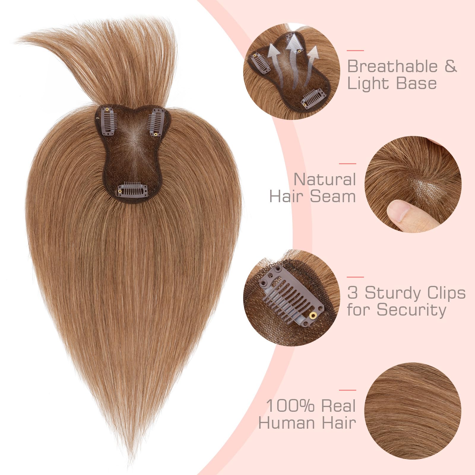 Human Hair Toppers With Air Bangs 11 In., Dark Brown, 3D Coverage, Clip-In 3x5 main image 2