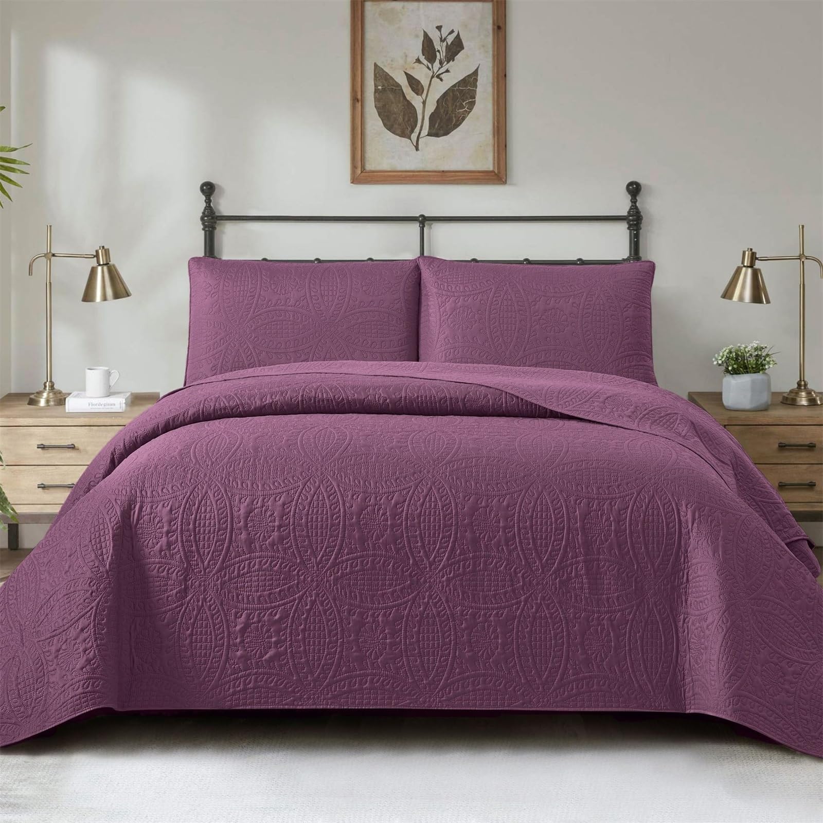 BQUJSML 3-Piece Bedspreads Quilted Double Bed Throws Reversible Embroidered Cotton Coverlet Lightweight Bed Cover Solid Color King Size Bedspread Quilt with 2 Pillowcase(Purple,240 * 260cm)