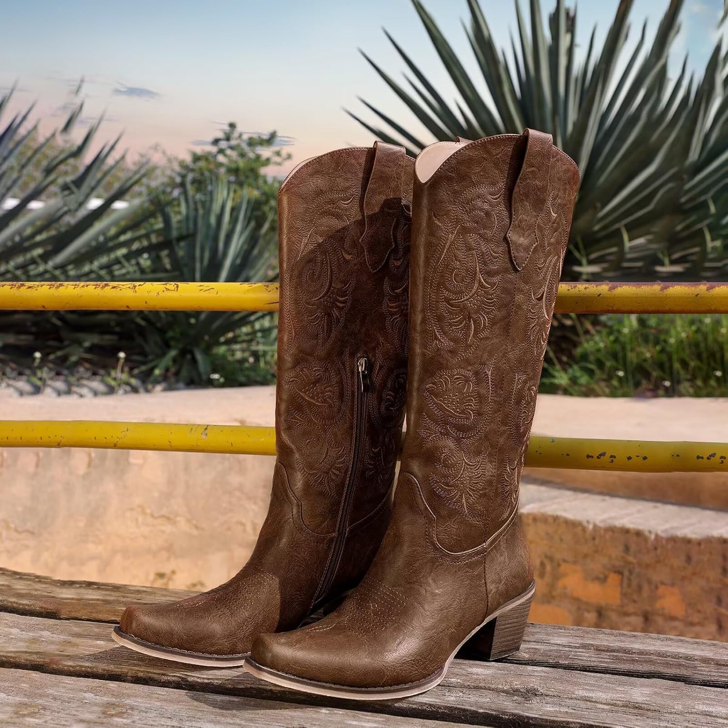 wetkiss Cowboy Boots for Women Cowgirl Boots with Floral Embroidered Pointed Toe Chunky Heel Side Zipper Retro Vintage Classic Tall Boots for Ladies - Image 5