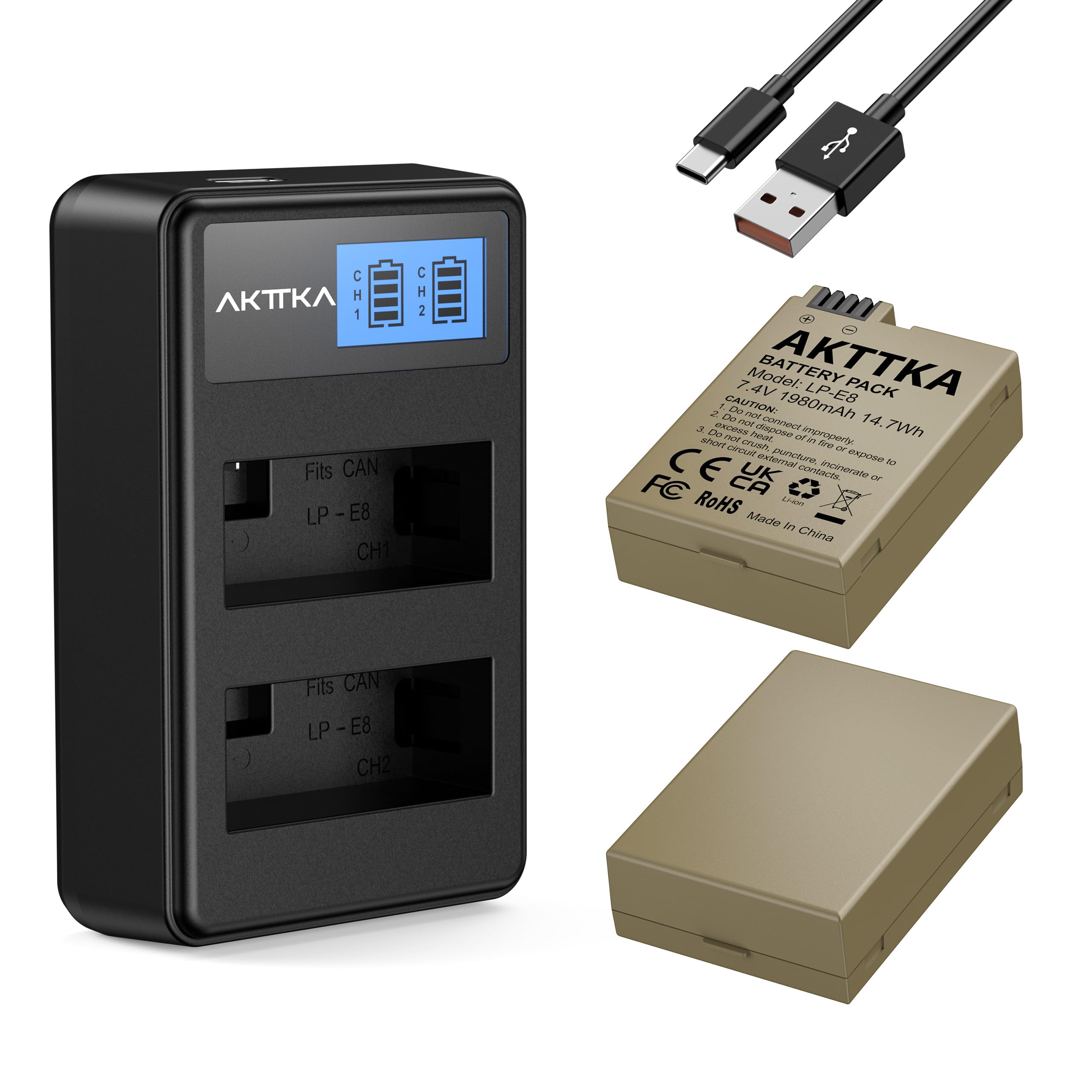 LP-E8 Lot de 2 Batteries de Rechange 1980 mAh et Chargeur Rapide Double pour Canon LP-E8, Compatible avec Canon EOS Rebel T2i, T3i, T4i, T5i, 550D, 600D, 650D, 700D, Kiss X4, X5, X6