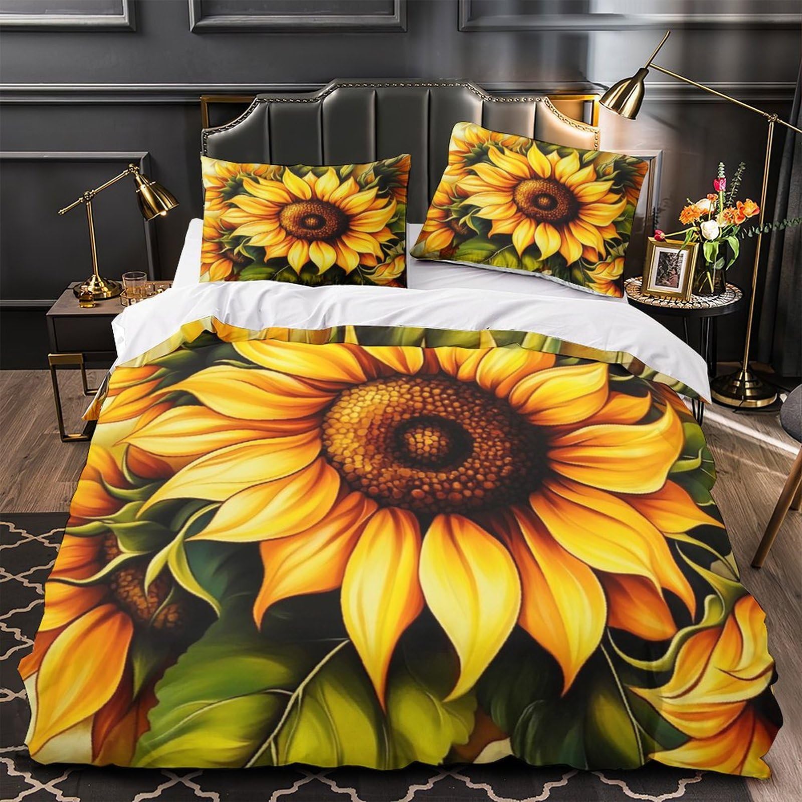 Housse de Couette Tournesol 3D au Design Floral Artistique Parure de Lit Microfibre Premium King