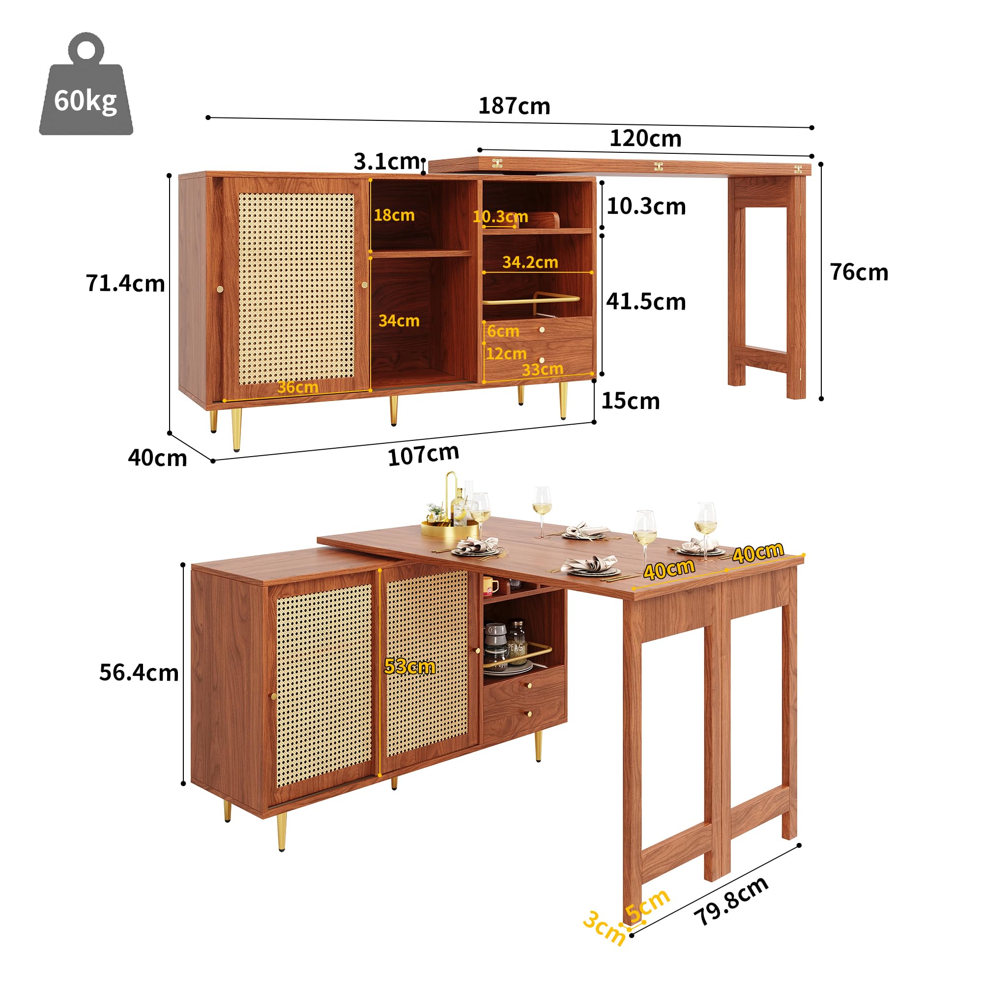Merax Ausziehbarer Bartisch mit Stauraum, Um 360° drehbarer Stehtisch mit klappbarem Esstisch, schwarzer ausziehbarer Design-Stehtisch, mit Rattantür & Lagerregal, Braun/120-187X80X76CM