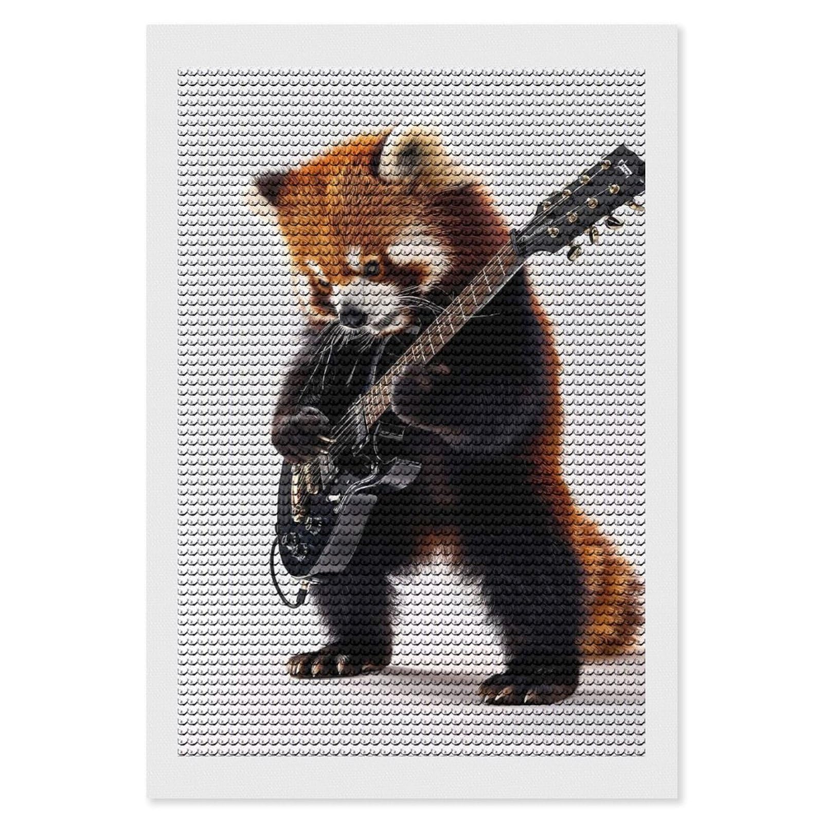 Junmoney Red Panda Guitar DIY Diamond Art Canvas Kit 8"x12", Decorate Your Room, Sparkling Round Gems, Fun Craft Experience, Farmhouse Decor