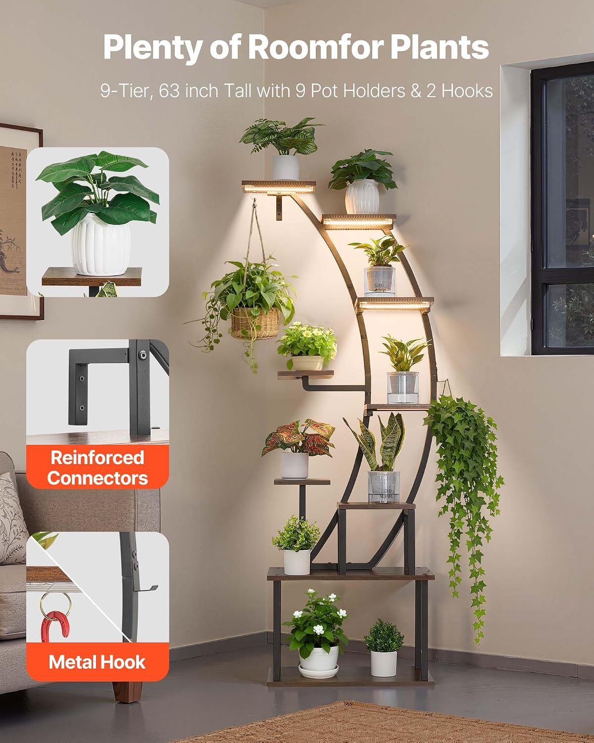 VEVOR Plant Stand Indoor with Grow Lights, 63 in Tall 9-Tier Lighted Plant Shelf, Metal Corner Plants Holder, 3 Timer & 10 Brightness, Curve-Shaped Flower Display Rack for Living Room Balcony Decor