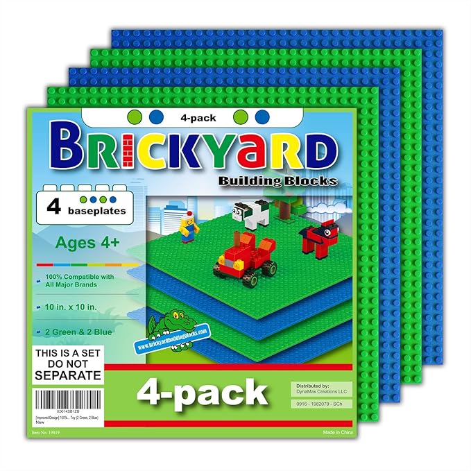 Brickyard Building Blocks Lego Compatible Baseplate Pack of 4 Large 10 x 10 Inch