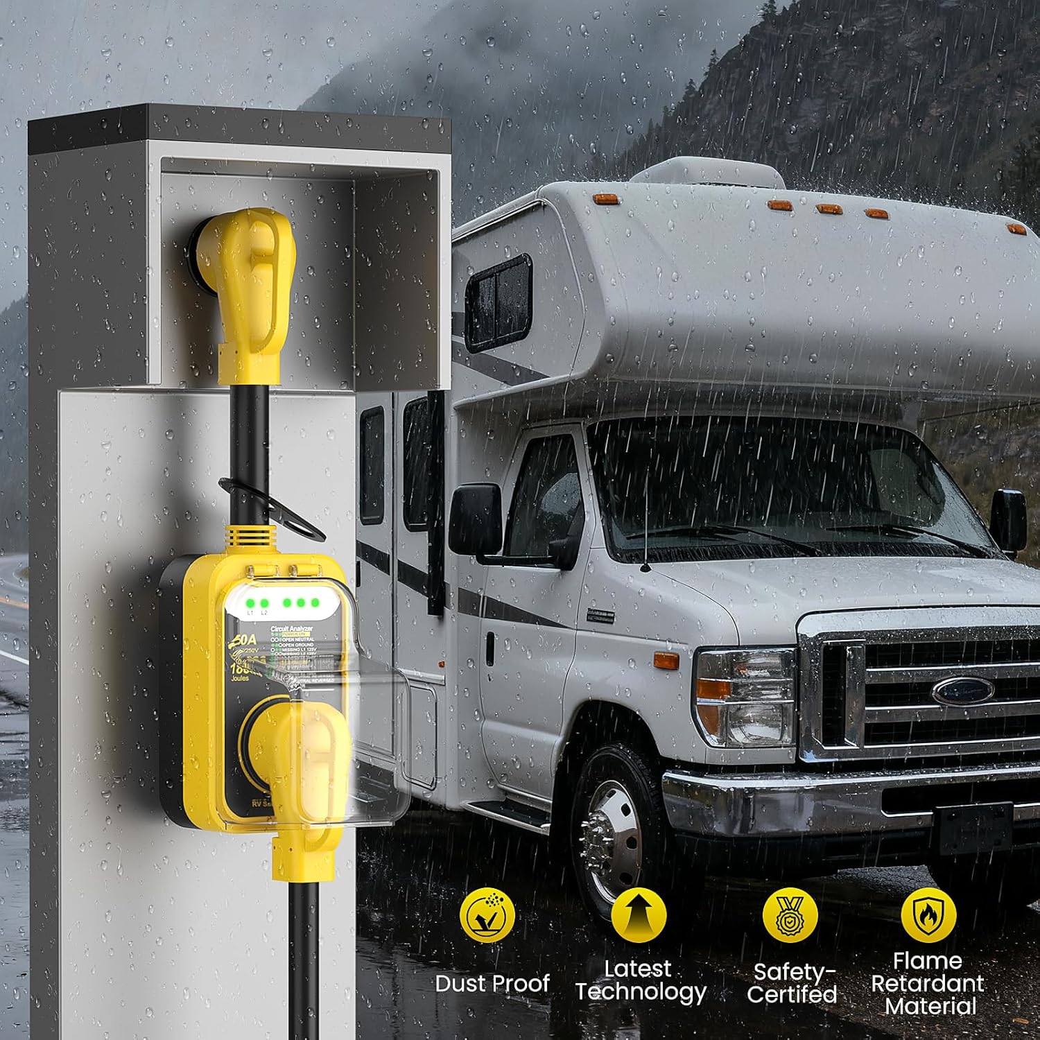 RV Surge Protector 50 Amp,18000 Joules RV Circuit Analyzer with Voltage Monitoring,2026 New Upgraded RV Surge Voltage Protection,Waterproof Cover,RV Adapter Plug for Travel Trailers (Yellow, 50A)