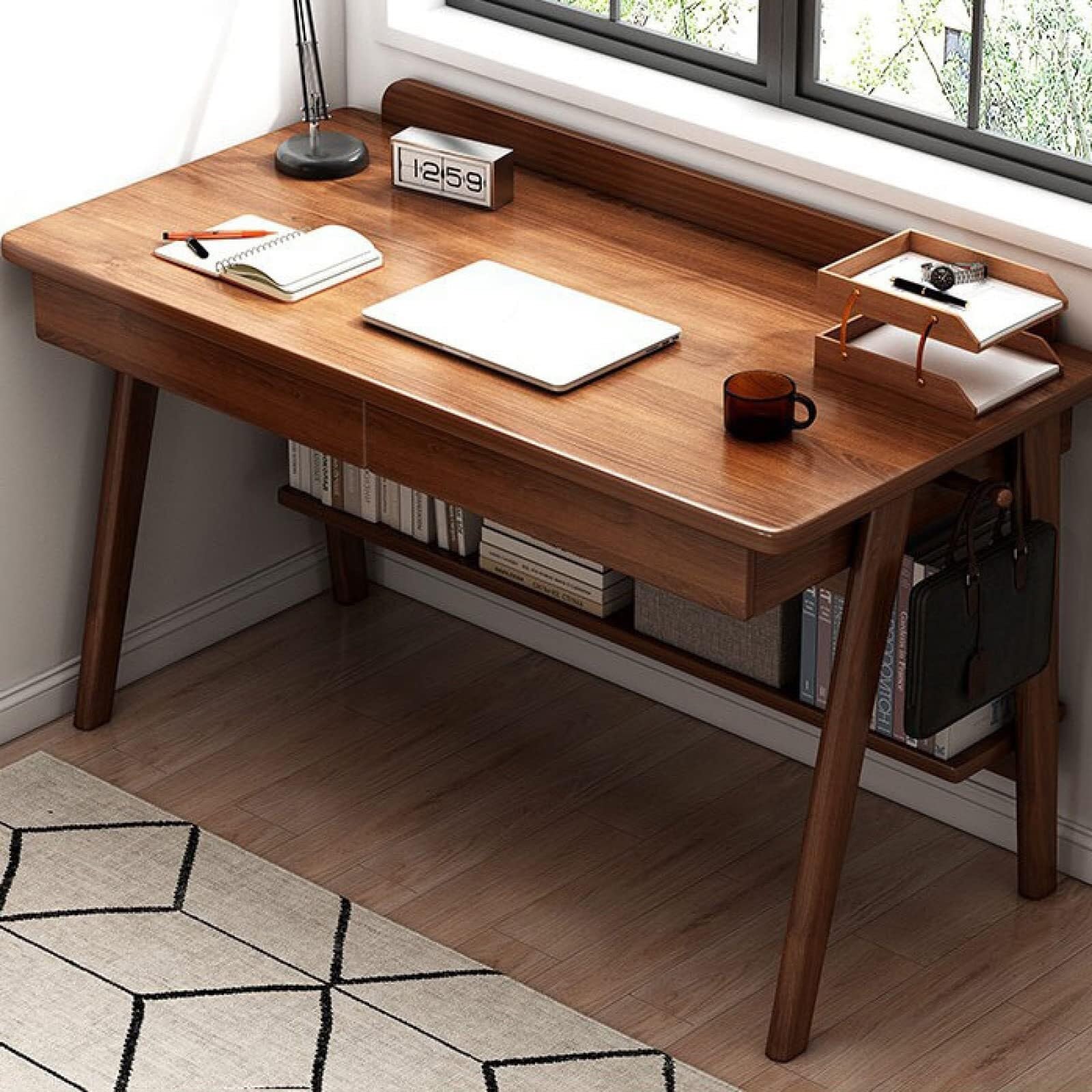 SXZenSpace Desk Home Office Workstation Computer Mid-Century Modern Walnut with 2 Drawers and Shelves (39", Walnut)(Walnut,39 Inch)