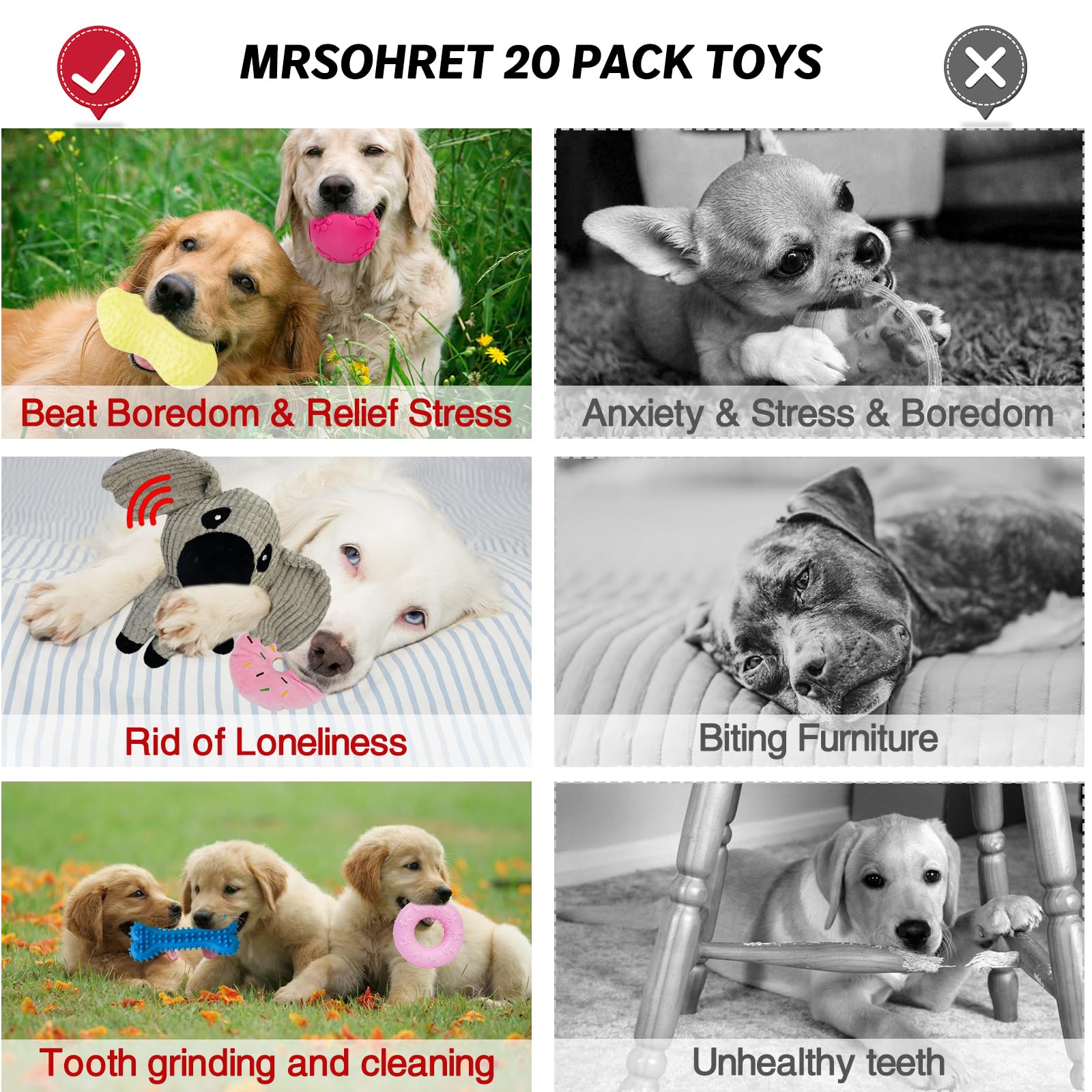 MRSOHRET 20 giocattoli da masticare per cuccioli per dentizione, giocattoli da masticare per cani con corda, spazzolino da denti per cani, palline per dolcetti, giocattoli di peluche e giocattoli