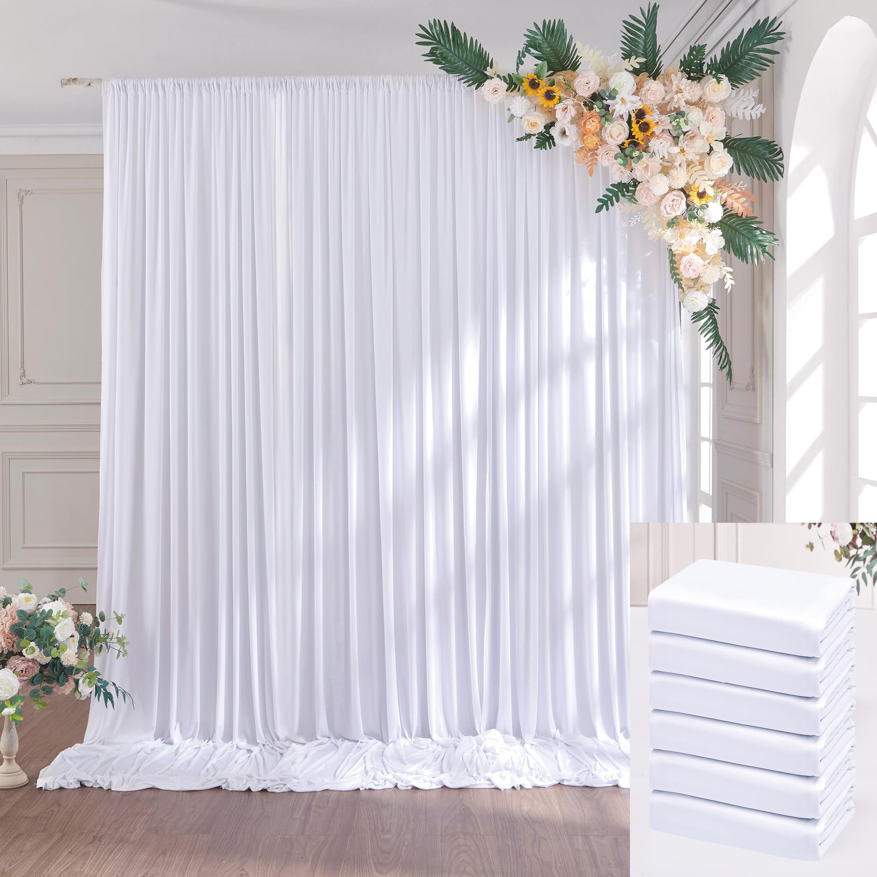 9 x 3 m Blanco Cortina de Fondo de Boda, 6 Paneles de 1,5 m × 3 m Anti - Arrugas Suave Seda poliéster Foto telón de Fondo decoración de cumpleaños, Fiesta Nupcial Ducha fotografía