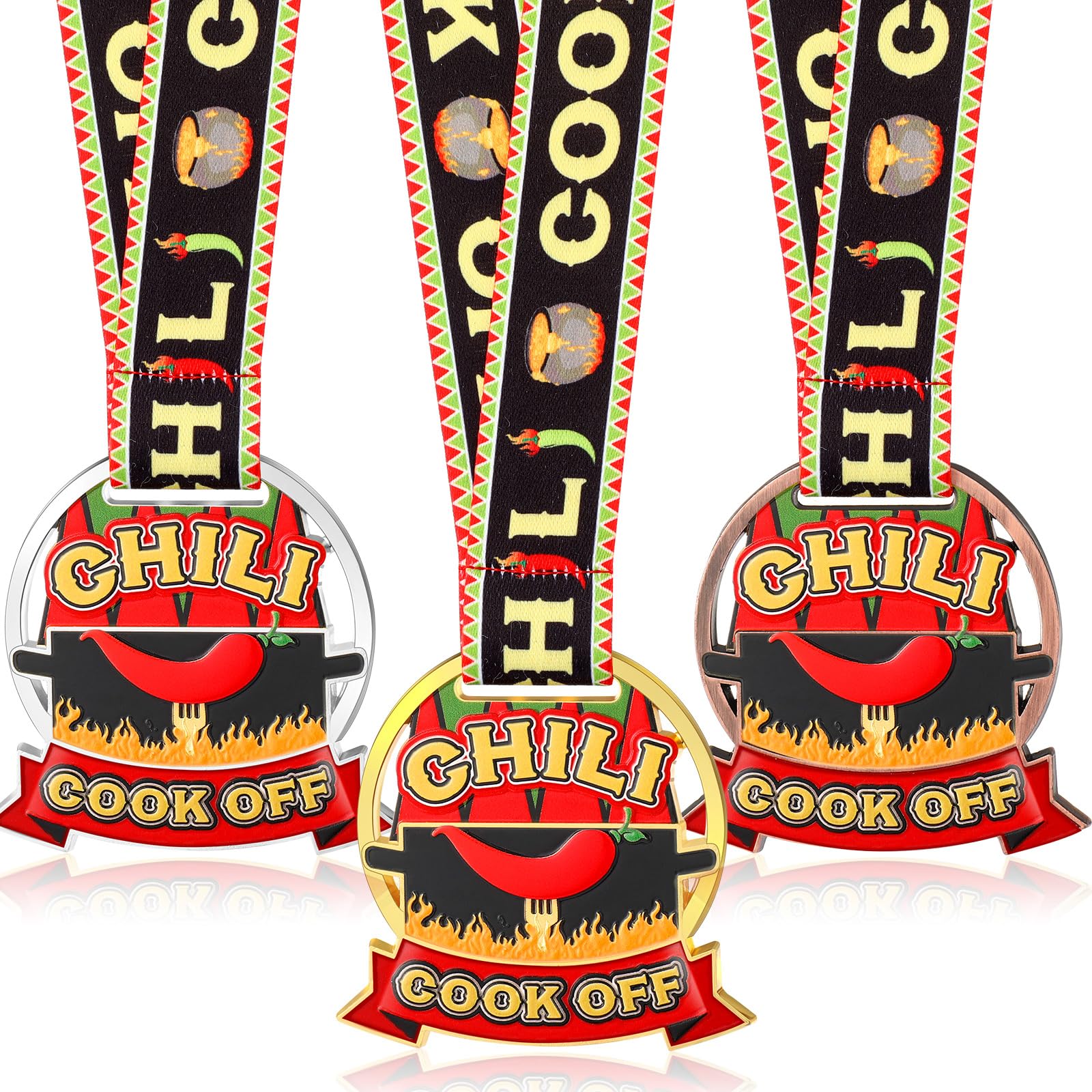 Equsion Juego de 3 medallas de trofeos de premio Chili Cook Off de Chili Cook Off Premios 1er 2º 3er Premios Juego de 3 medallas de lugar con cintas, oro, plata, bronce, chile, decoración para