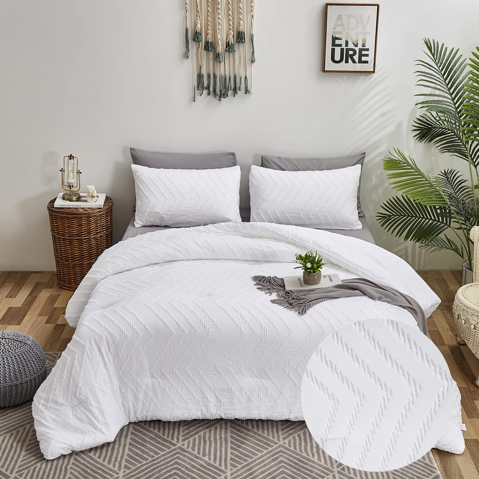 Karever Bohemian Tufted Comforter Set Twin White Crimped Shabby Chic Doona Bedding Set 3 PCs Warm Soft Corrugated Bedding Sets Boho White Tufted for Girls Women Teens White Comforter