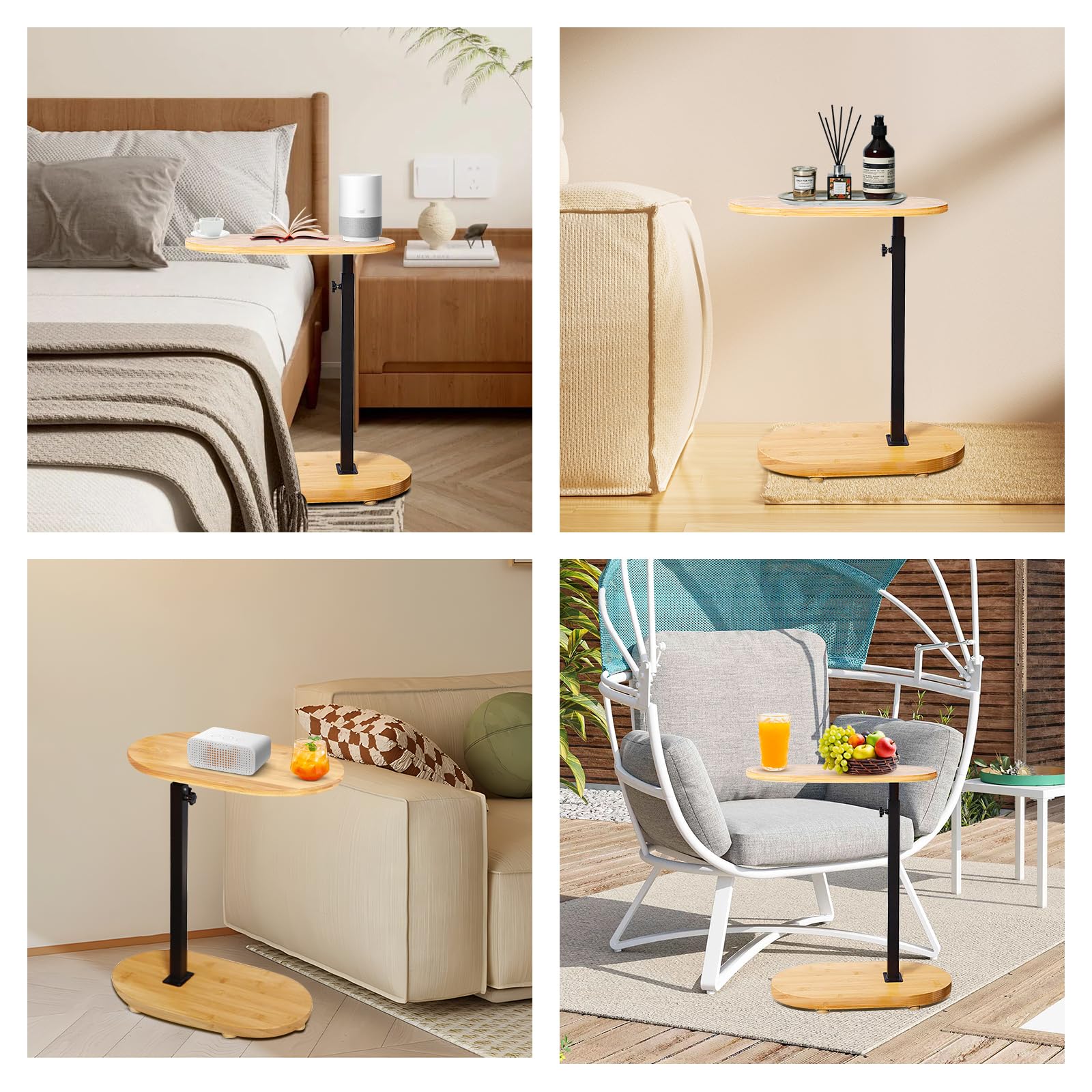 Table d'Appoint en Forme de C Réglable en Hauteur Petite Table Basse Latérale en Bambou et Métal Bout De Canape pour Salon, Salle de Bain, Lit, Canapé et Café