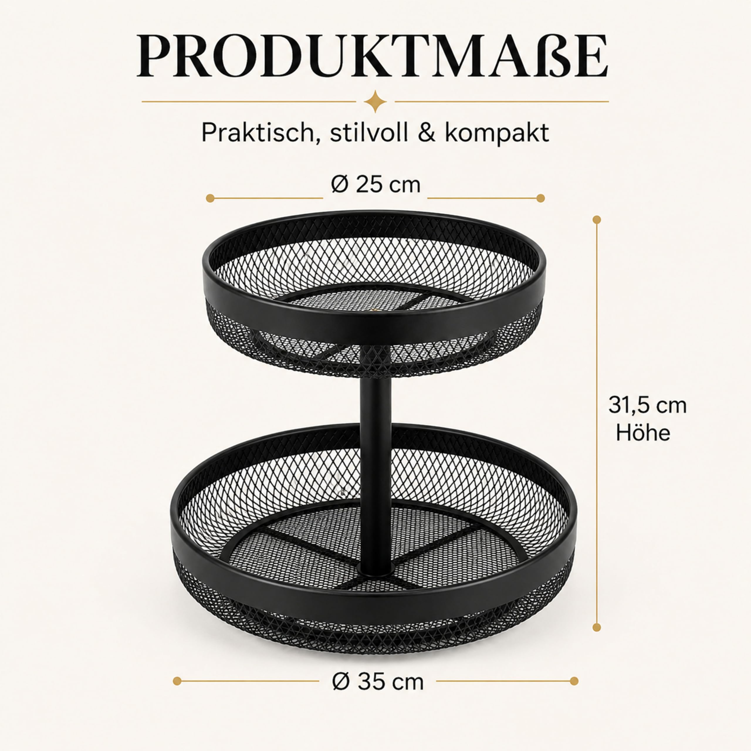 URMONA 2-stöckiger Obstkorb, runde Obstschale aus Metall für Küche, Schwarz | Platzsparender Brotkorb und Snack Organizer für Obst, Gemüse und Gebäck auf Arbeitsplatte, Esstisch oder im Wohnzimmer