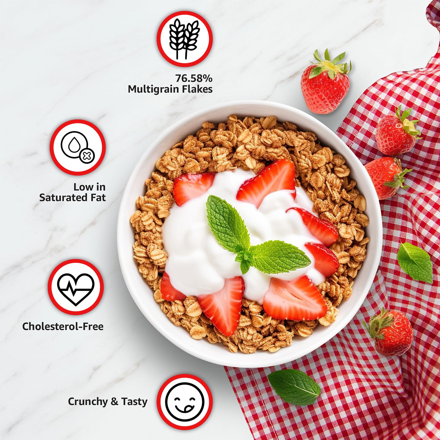 Amazon Brand - Vedaka Strawberry Muesli | 1 Kg | Jar | Contains 76.58% of Dry Fruits, Nuts and Multigrains | Source of Fiber | Loaded with Strawberries