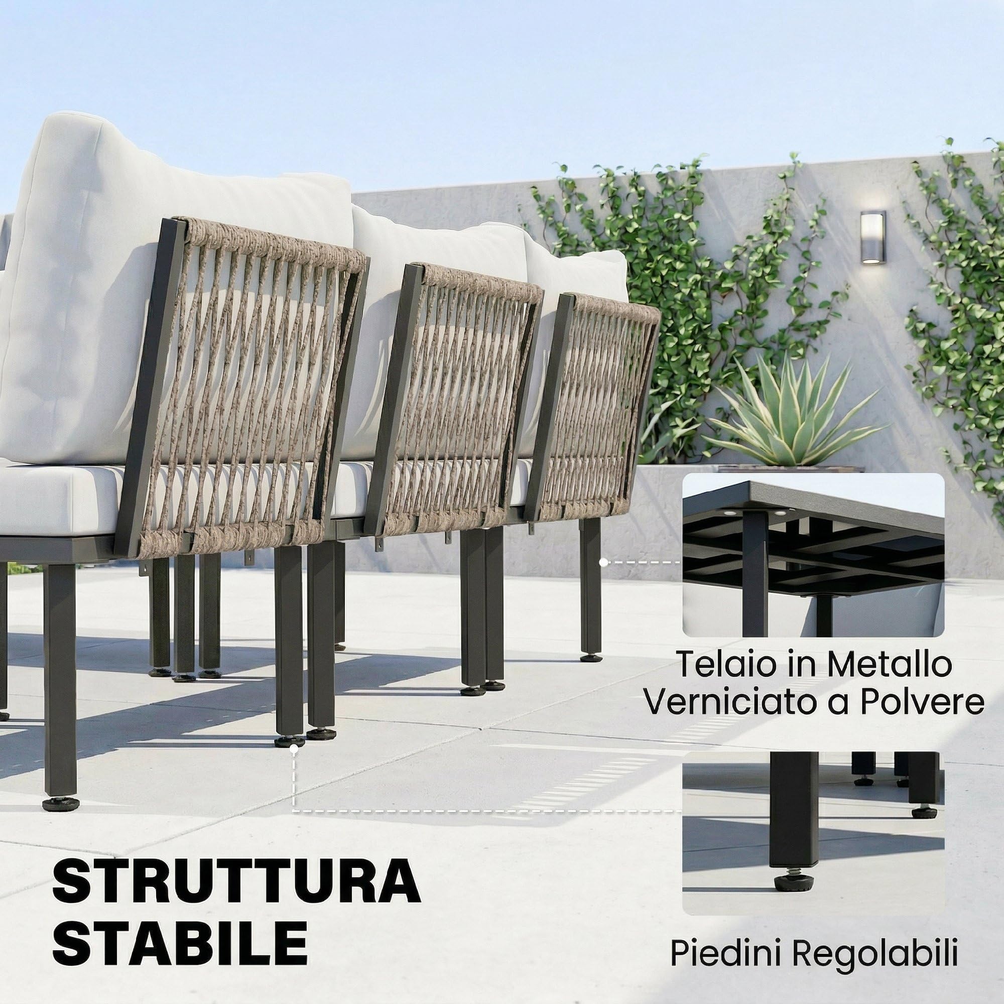 Outsunny Set Salotto da Giardino 6 Pezzi, Set di Mobili da Giardino Angolare con Divano 2 Posti, 3 Sedie, Poggiapiedi, Tavolino in Vetro, Cuscini, Salottino da Esterno ad L in Metallo, Grigio Chiaro