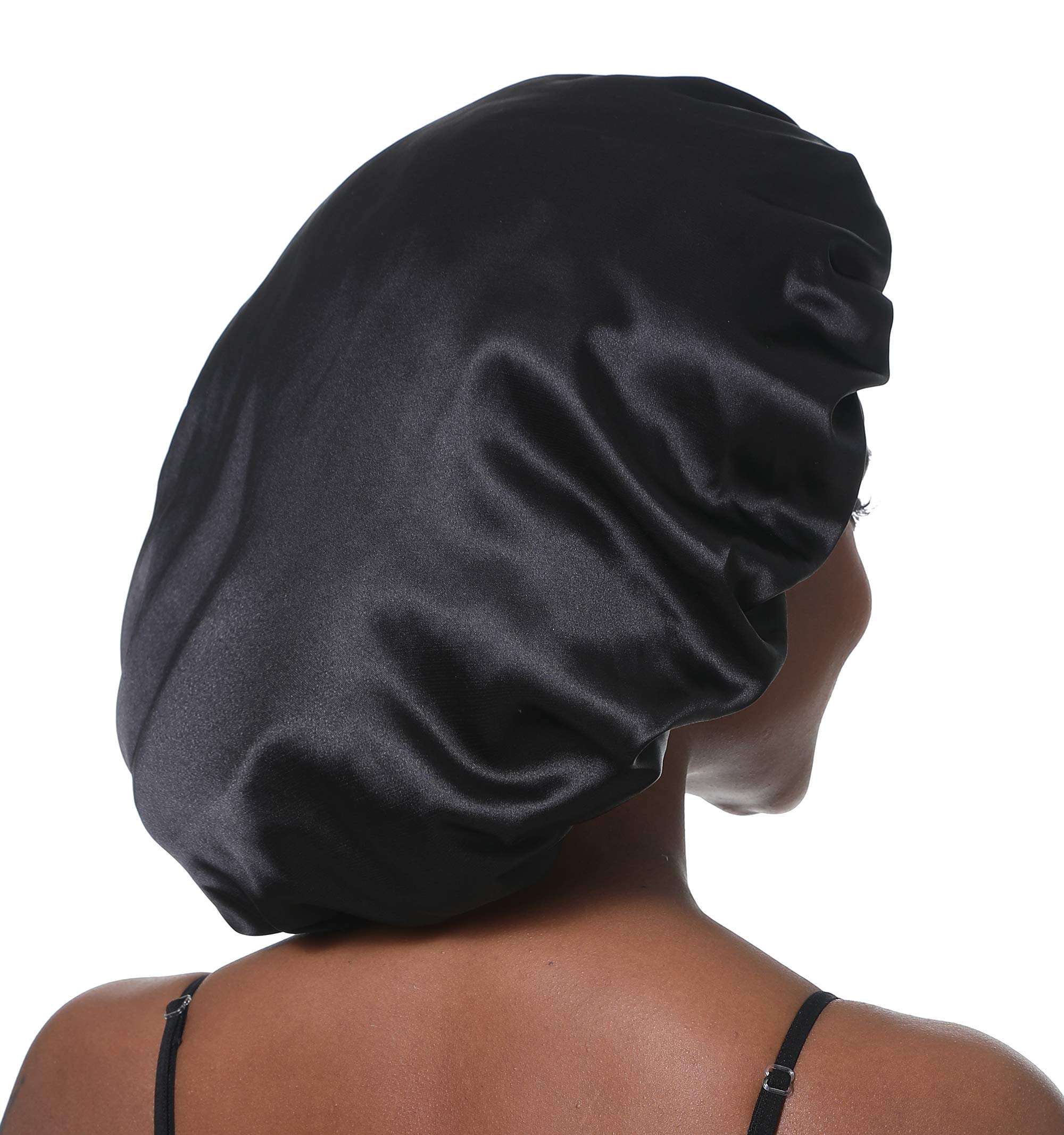 Bonnet de Nuit en Satin élastique à Large bande pour Femme,Cheveux Longs, Cheveux Bouclés (L, black)