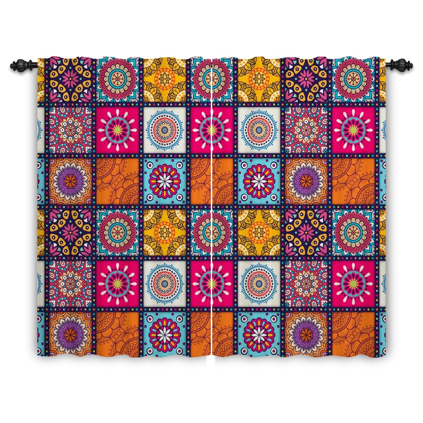 ggaimwf Boho Patchwork Curtain Mandala Abstract Pattern Hippie Moroccan Curtain Pencil Pleat Multicolor Window Decor Bedroom Dining Room Privacy Curtain Room Divider Rod Pocket 107x160cm 2 Panels